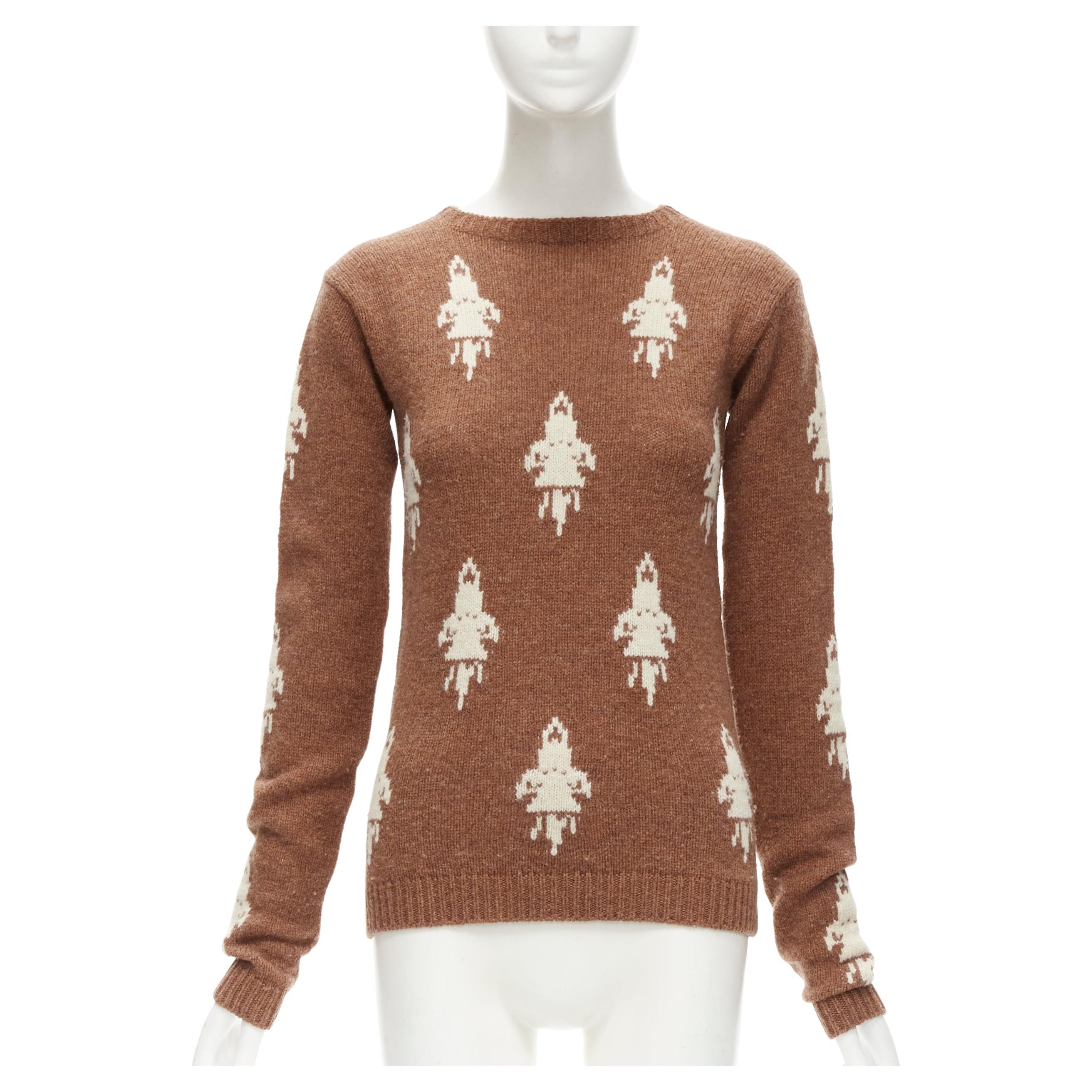 PRADA 2015 100% shetland wool brown rocket intarsia sweater IT36 XXS For Sale