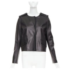 PRADA 2015 black lambskin leather grosgrain trim cropped military jacket IT44 L