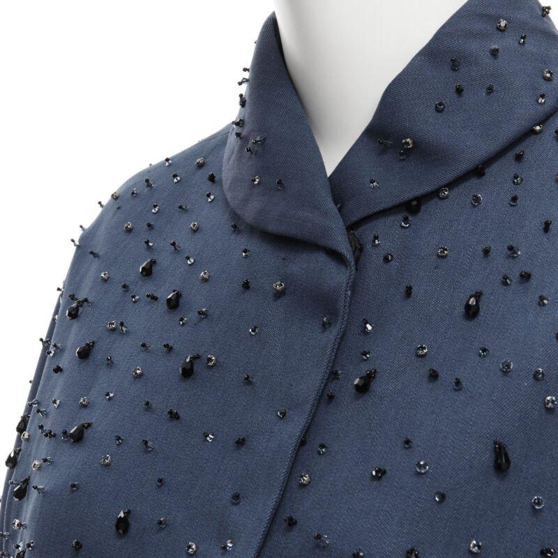 Black PRADA 2015 blue cotton crystal rhinestone embellished cocoon coat IT38 XS