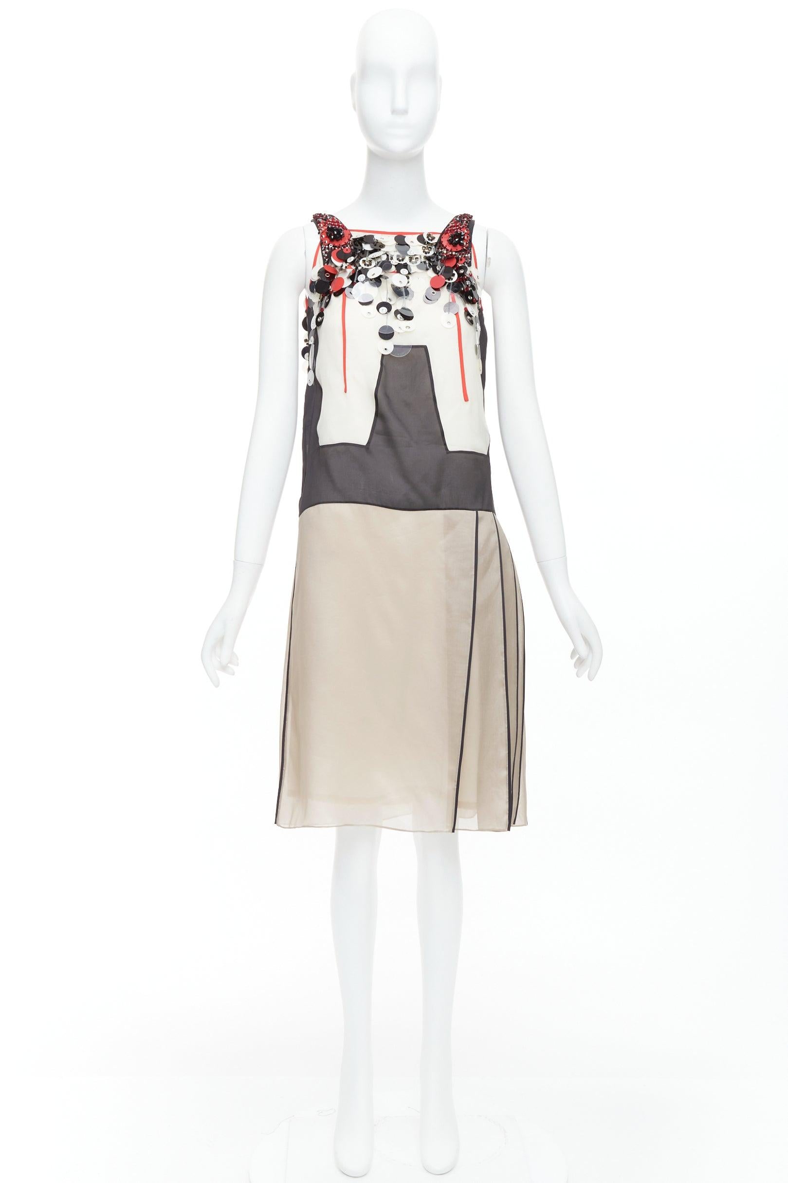 PRADA 2015 Runway red cream 100% silk pailette neckline dress IT36 XXS 5