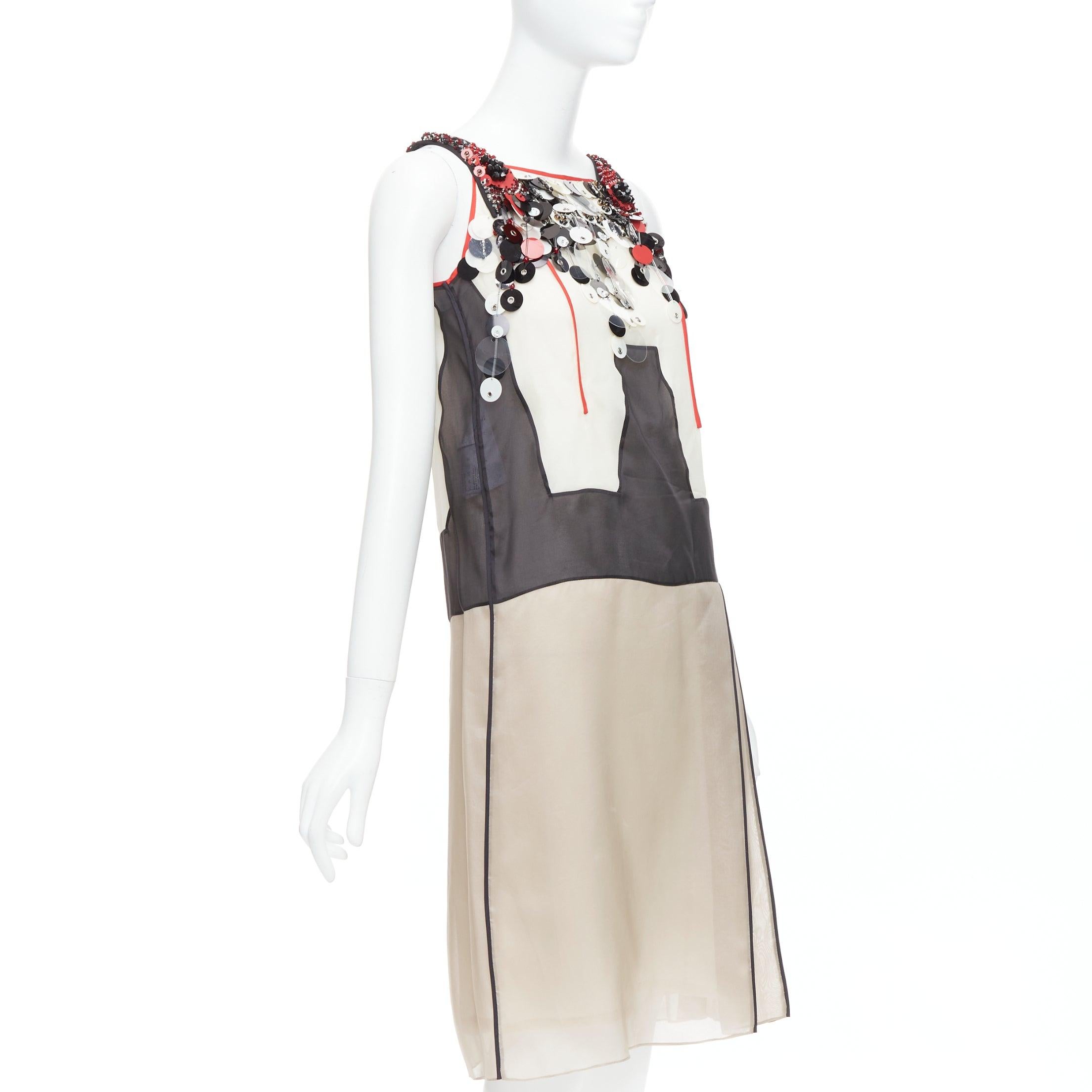 White PRADA 2015 Runway red cream 100% silk pailette neckline dress IT36 XXS