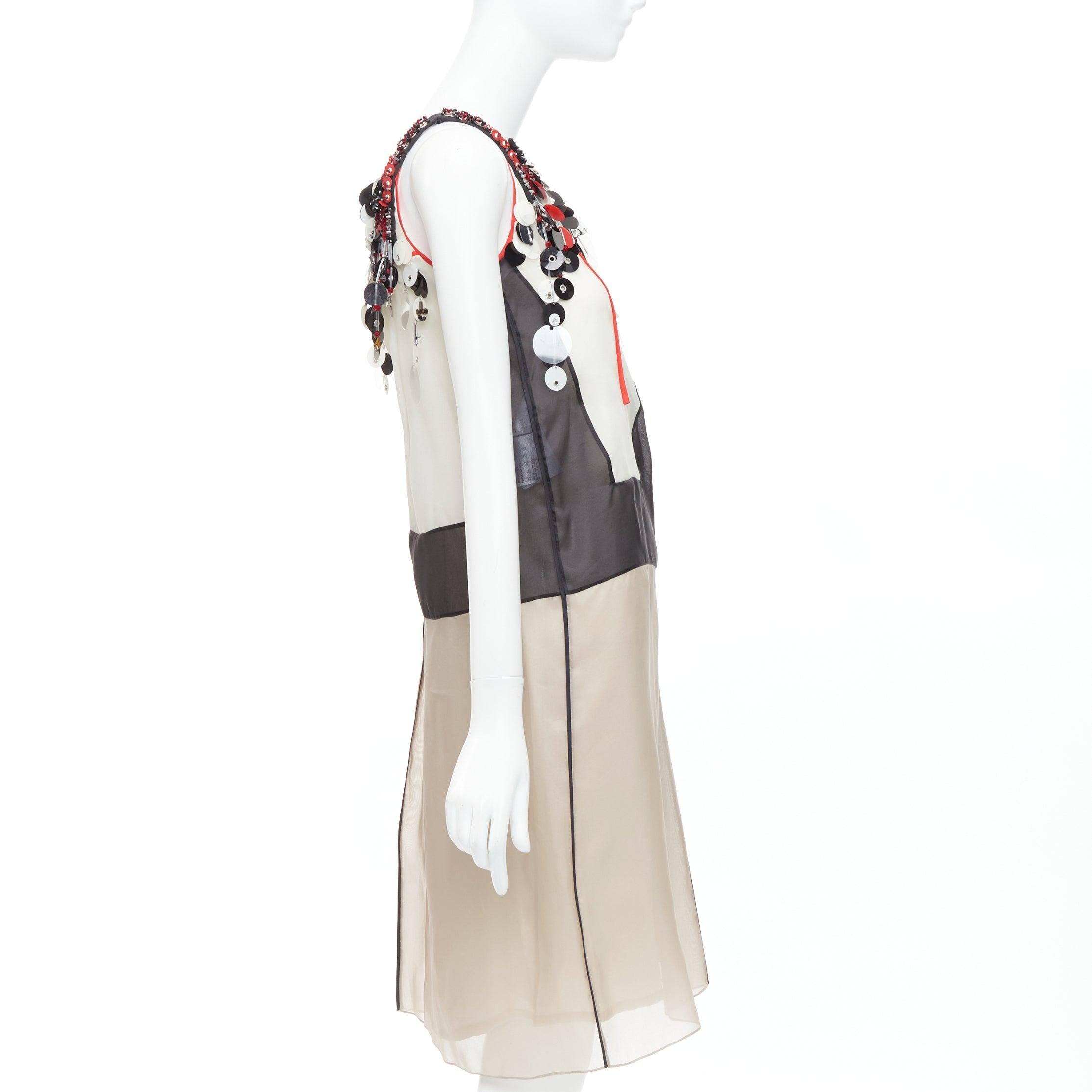 PRADA 2015 Runway red cream 100% silk pailette neckline dress IT36 XXS In Good Condition In Hong Kong, NT