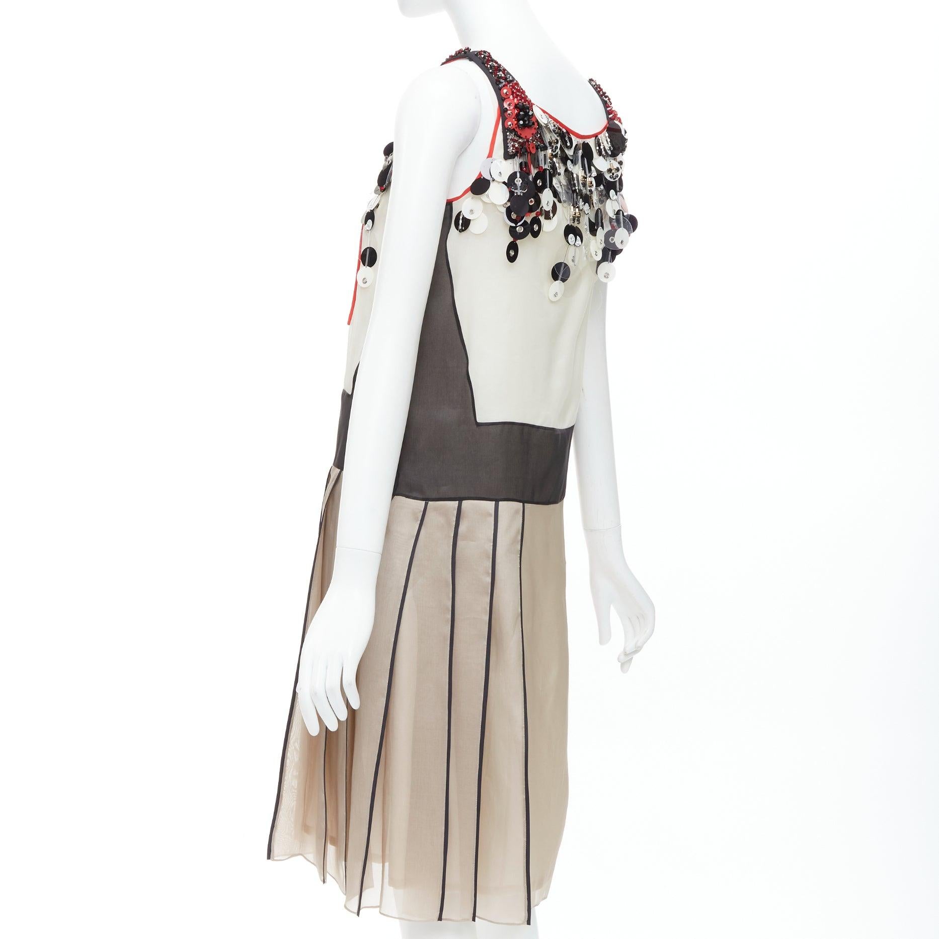 PRADA 2015 Runway red cream 100% silk pailette neckline dress IT36 XXS 1