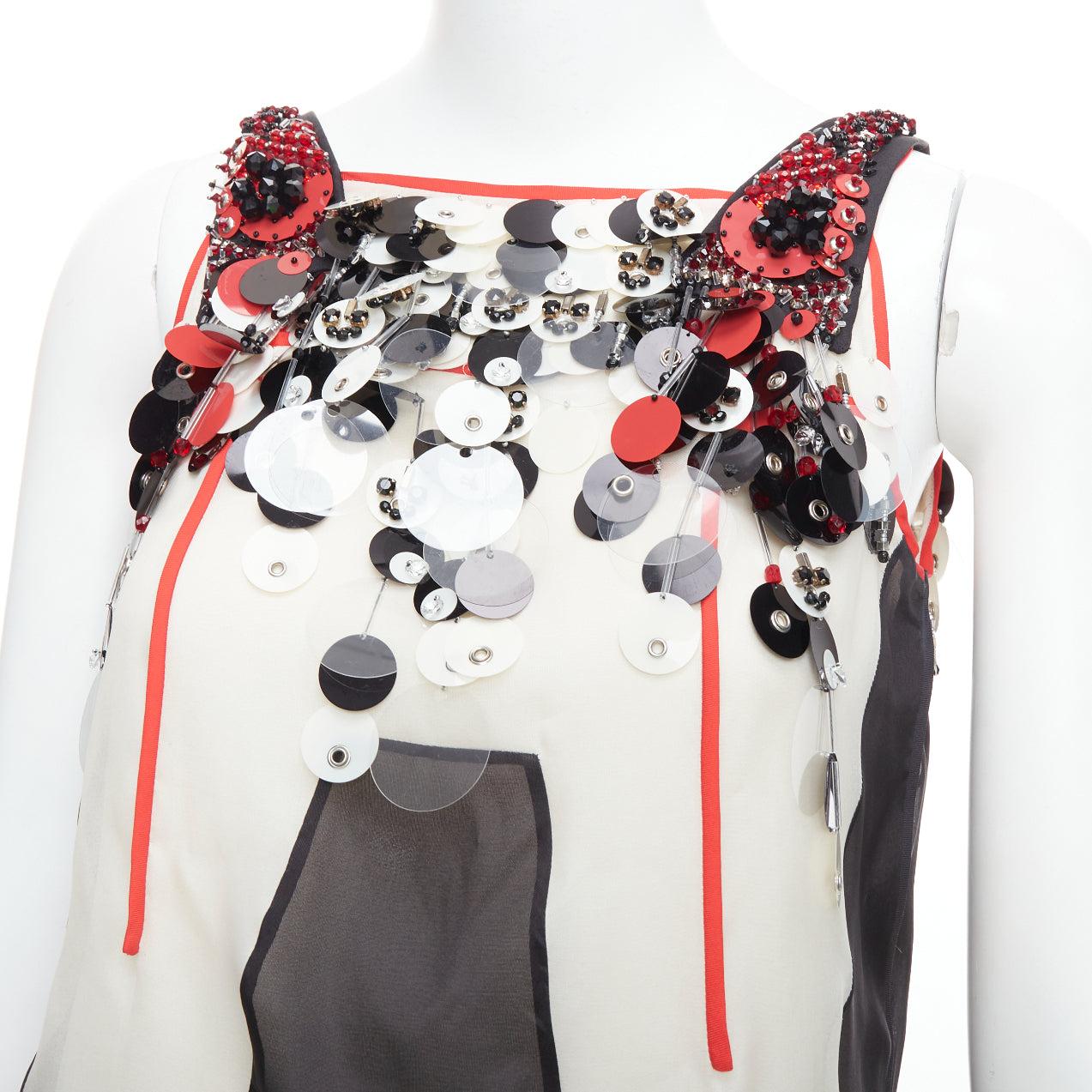 PRADA 2015 Runway red cream 100% silk pailette neckline dress IT36 XXS 2