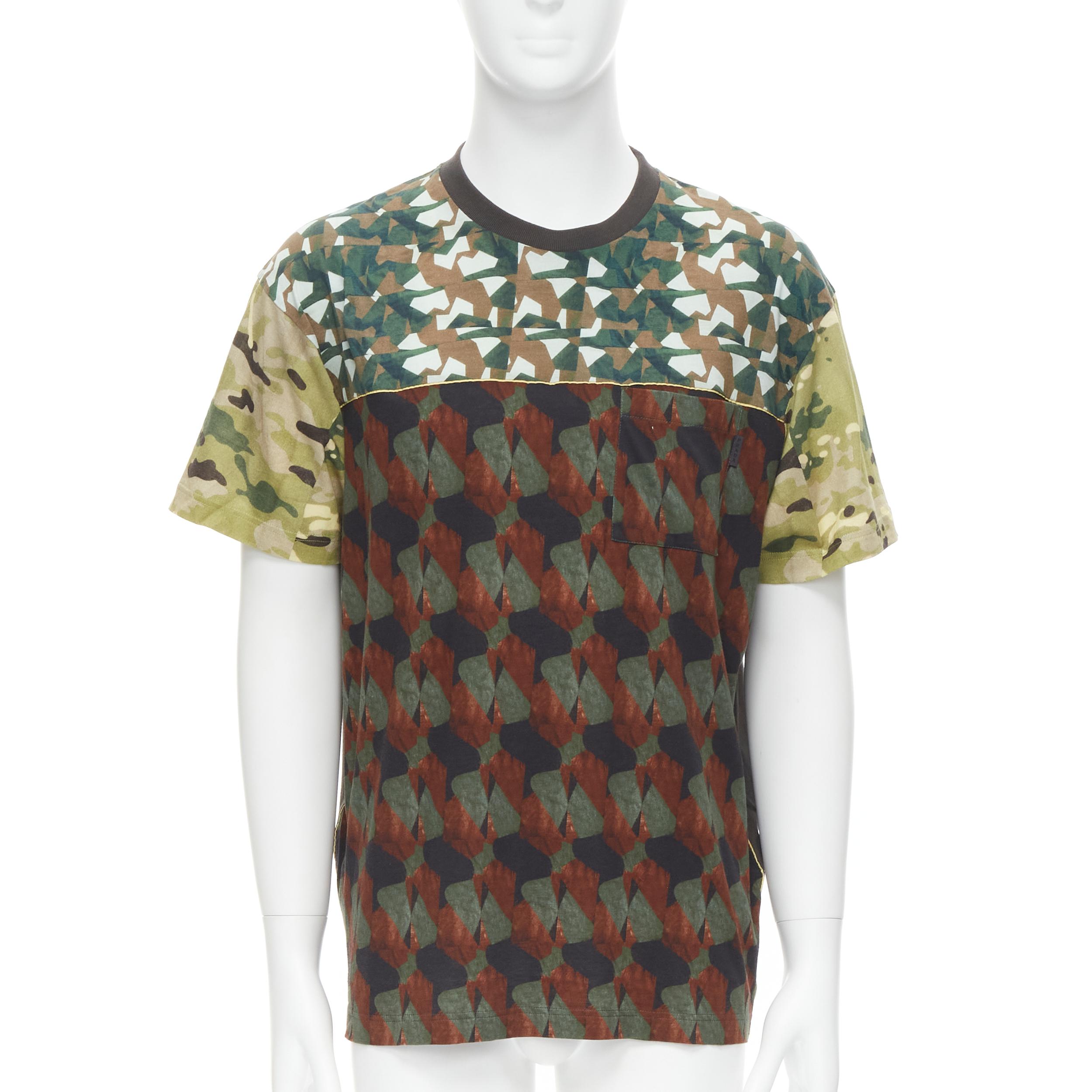 PRADA 2016 100% cotton green mixed geometric print patch pocket t shirt XL 
Reference: EDTG/A00070 
Brand: Prada 
Designer: Miuccia Prada 
Collection: 2016 
Material: Cotton 
Color: Green 
Pattern: Camouflage 
Extra Detail: Yellow piping detail.