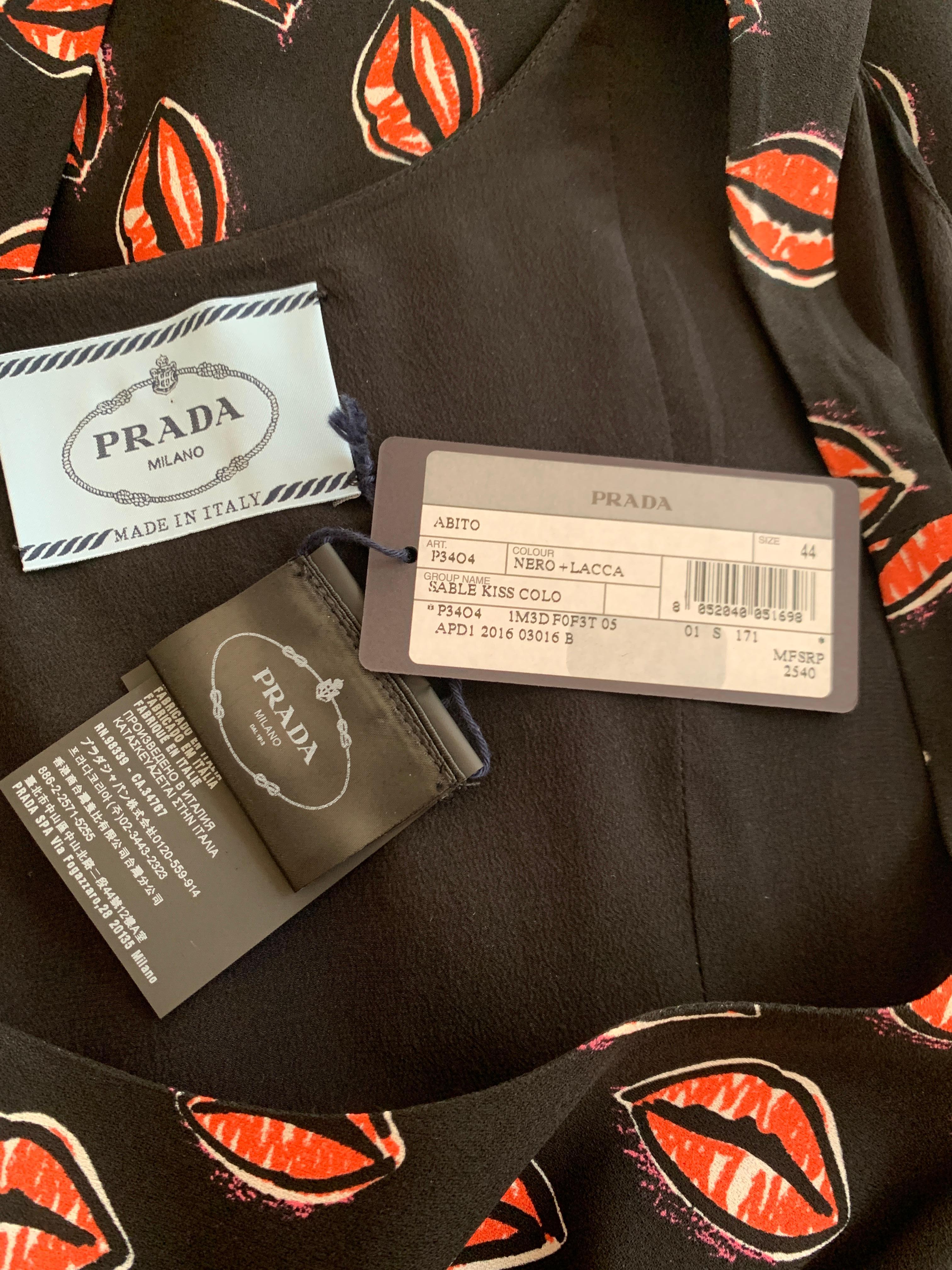Women's Prada 2016 Black and Red Lip Kiss Print Sleeveless Dress