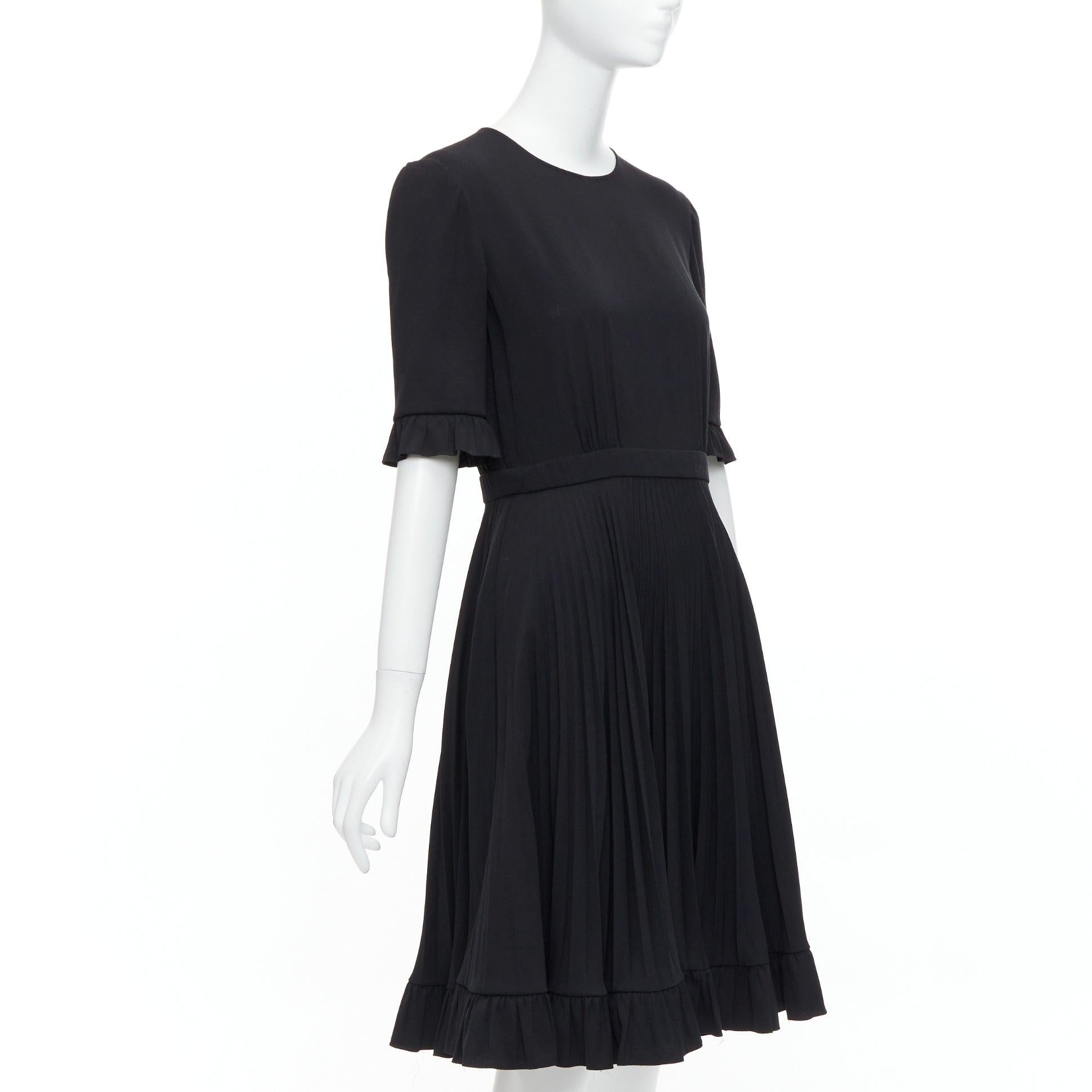 Black PRADA 2016 black ruffle cuff hem A-line pleated crew neck midi dress IT40 S