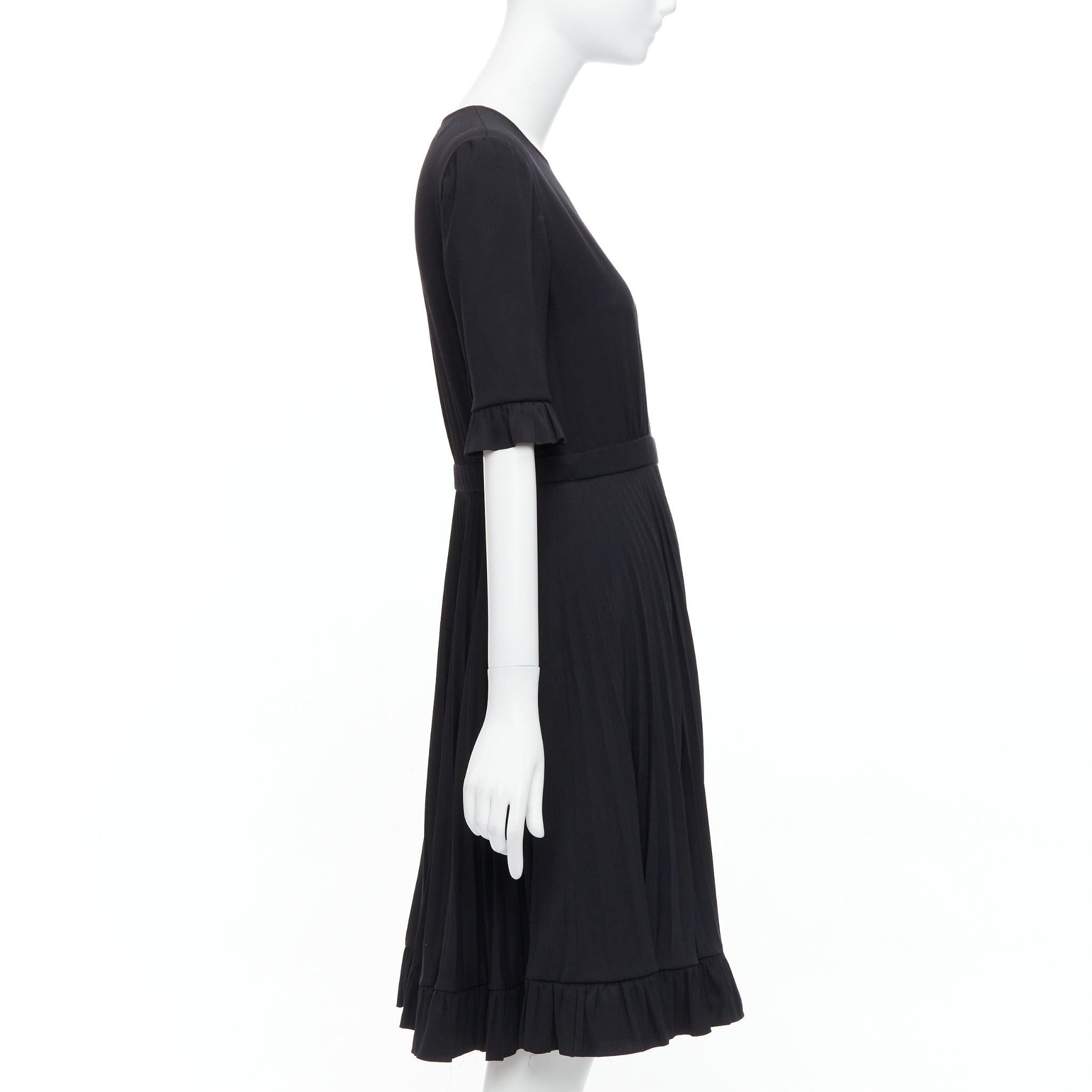 PRADA 2016 black ruffle cuff hem A-line pleated crew neck midi dress IT40 S In Good Condition In Hong Kong, NT