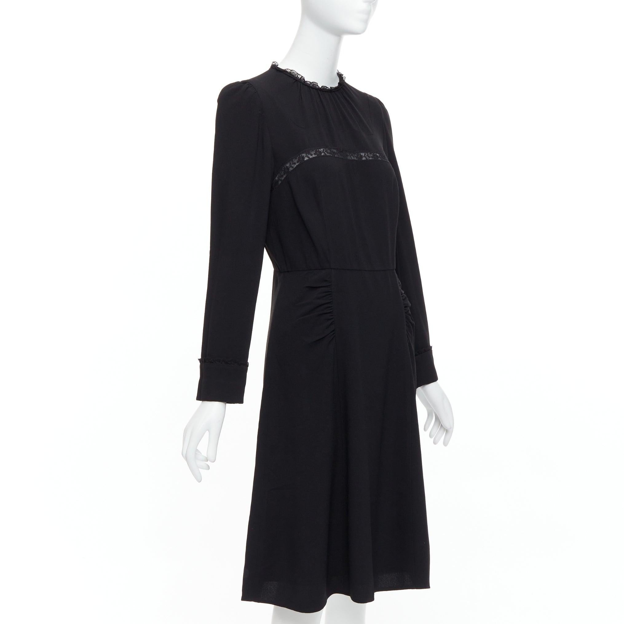 Black PRADA 2016 black sheer lace applique pleated sides fit flare dress IT40 S For Sale