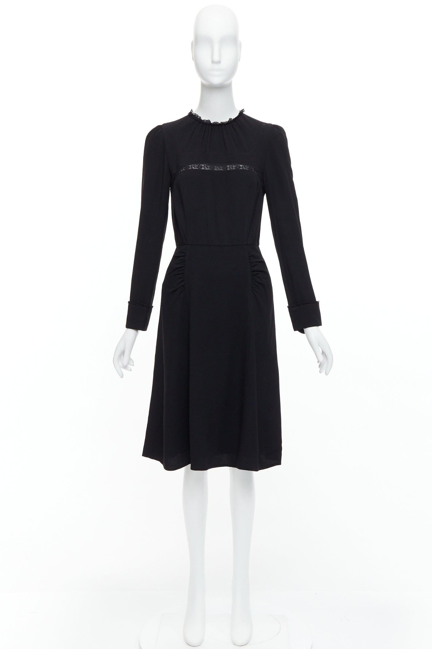 PRADA 2016 black sheer lace applique pleated sides fit flare dress IT40 S For Sale 4