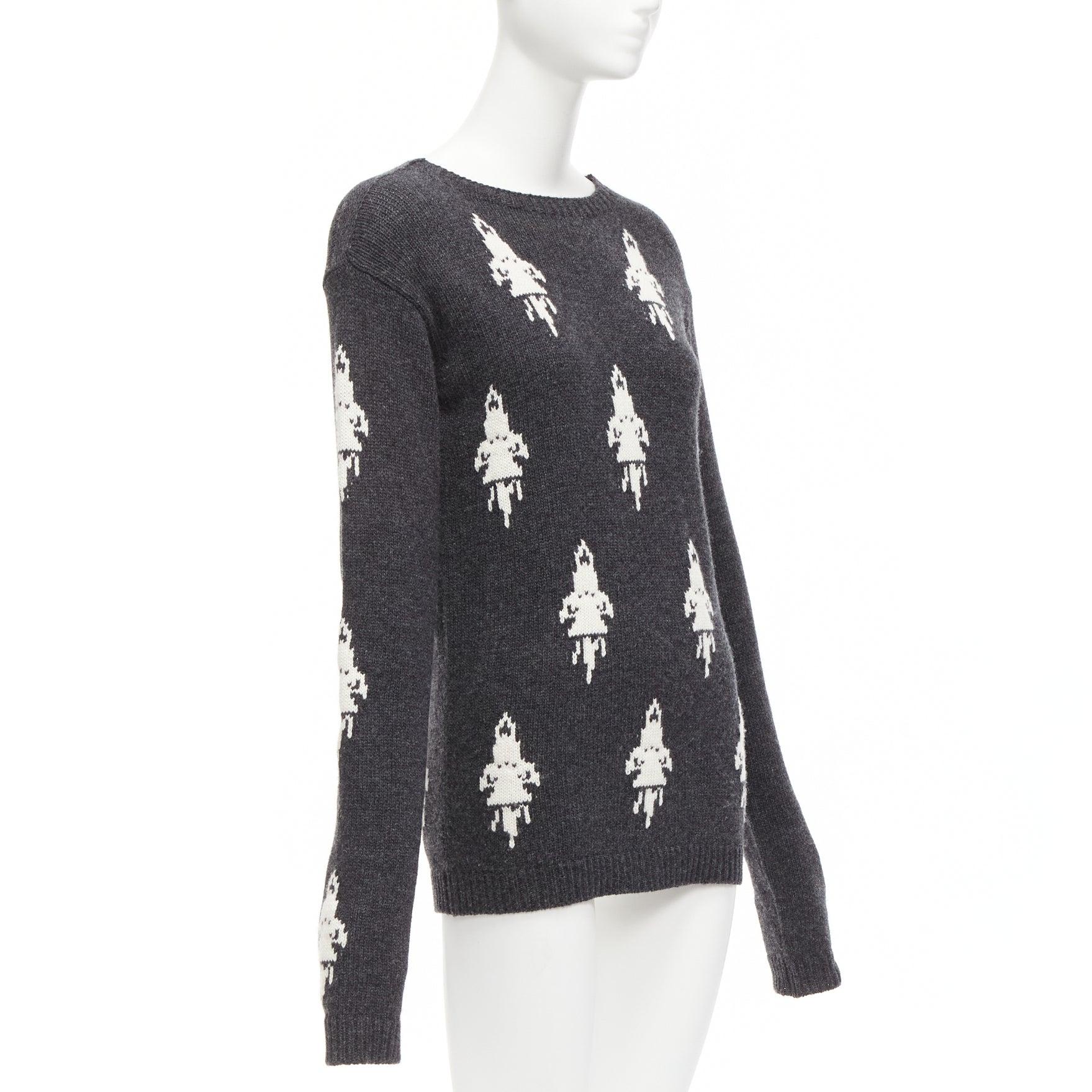 PRADA 2016 Grau Cremefarbener langärmeliger bateau-Pullover mit Rocket-Intarsien IT42 M (Schwarz) im Angebot