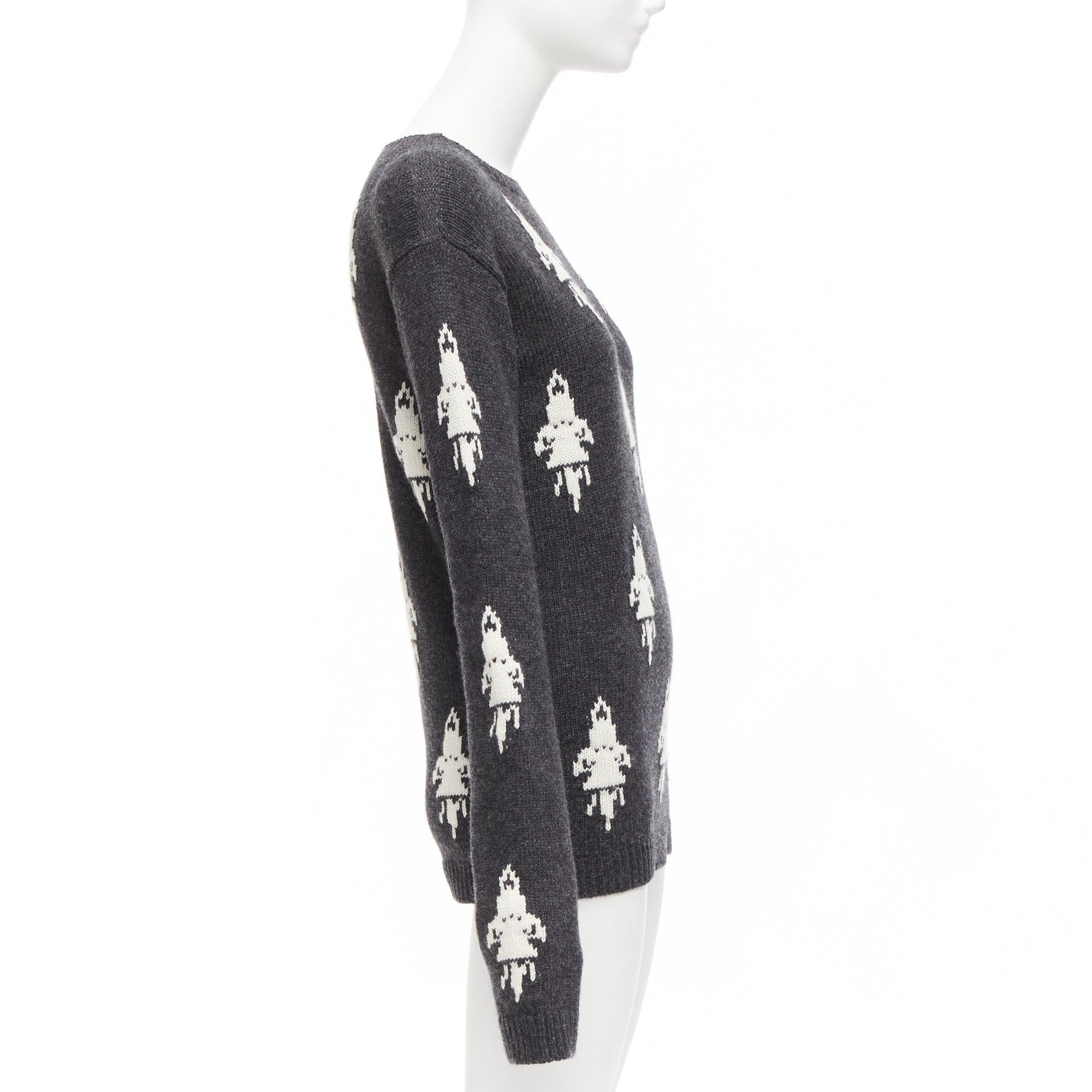 Women's PRADA 2016 grey cream rocket intarsia long sleeve bateau sweater IT42 M For Sale