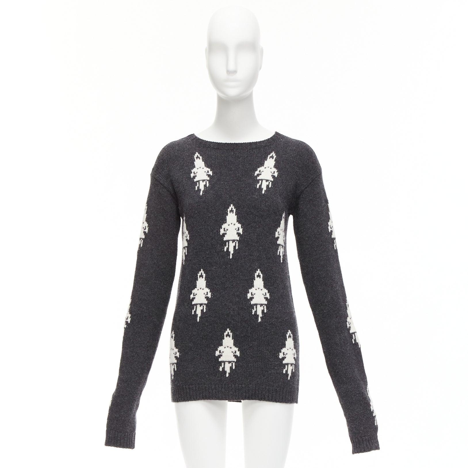 PRADA 2016 Grau Cremefarbener langärmeliger bateau-Pullover mit Rocket-Intarsien IT42 M im Angebot 4