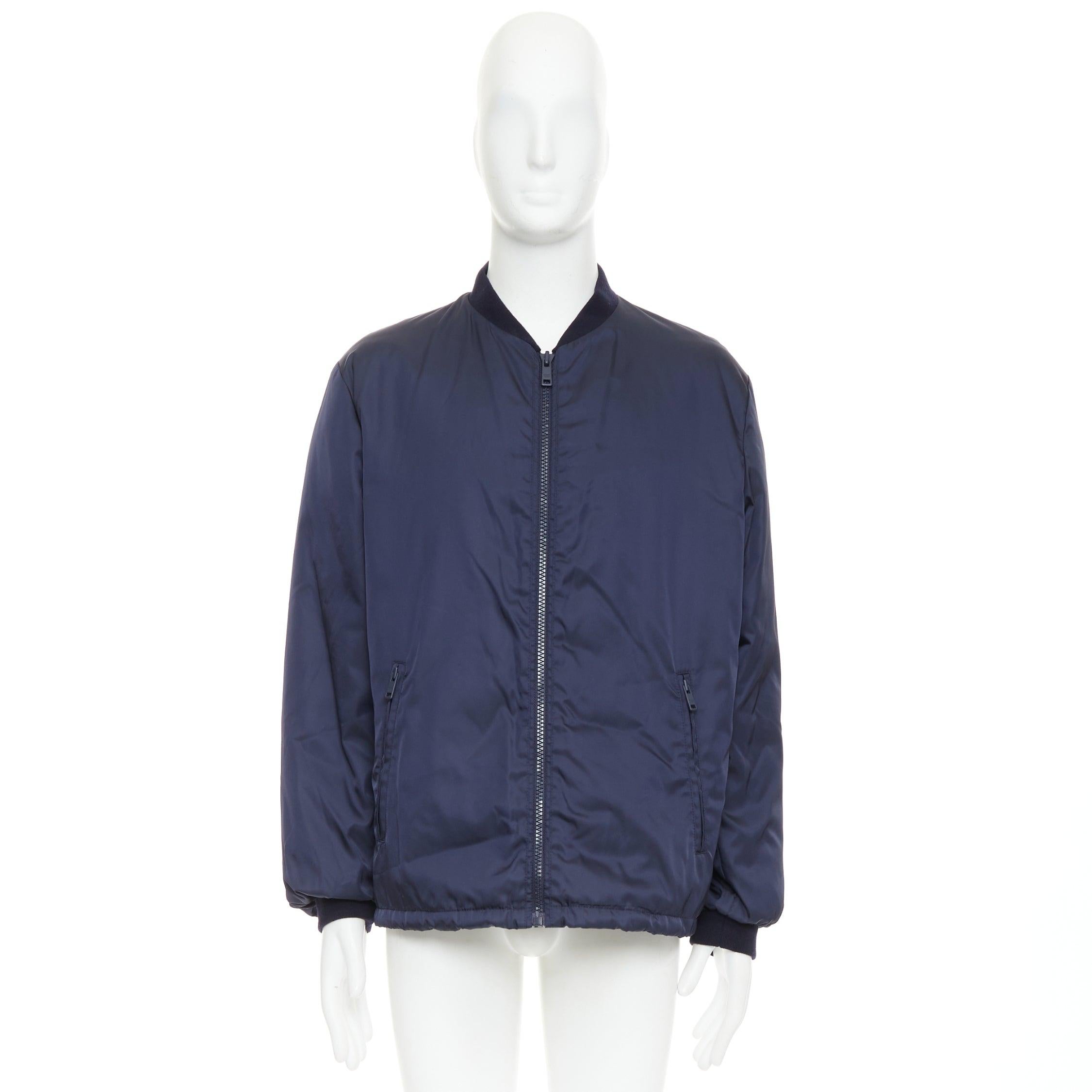 PRADA 2016 navy nylon zip pockets padded down oversized bomber jacket IT52 XL en vente 5