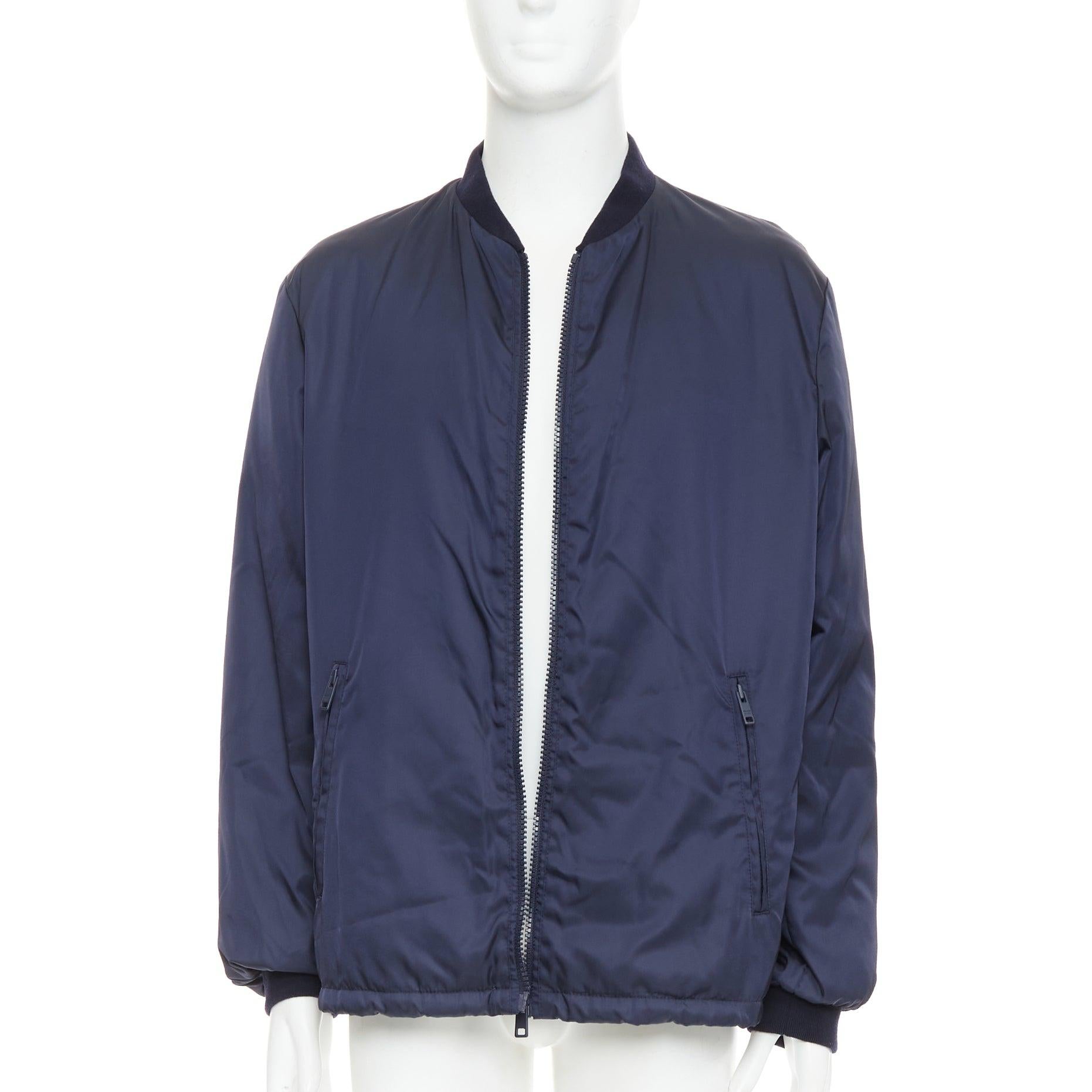 Violet PRADA 2016 navy nylon zip pockets padded down oversized bomber jacket IT52 XL en vente
