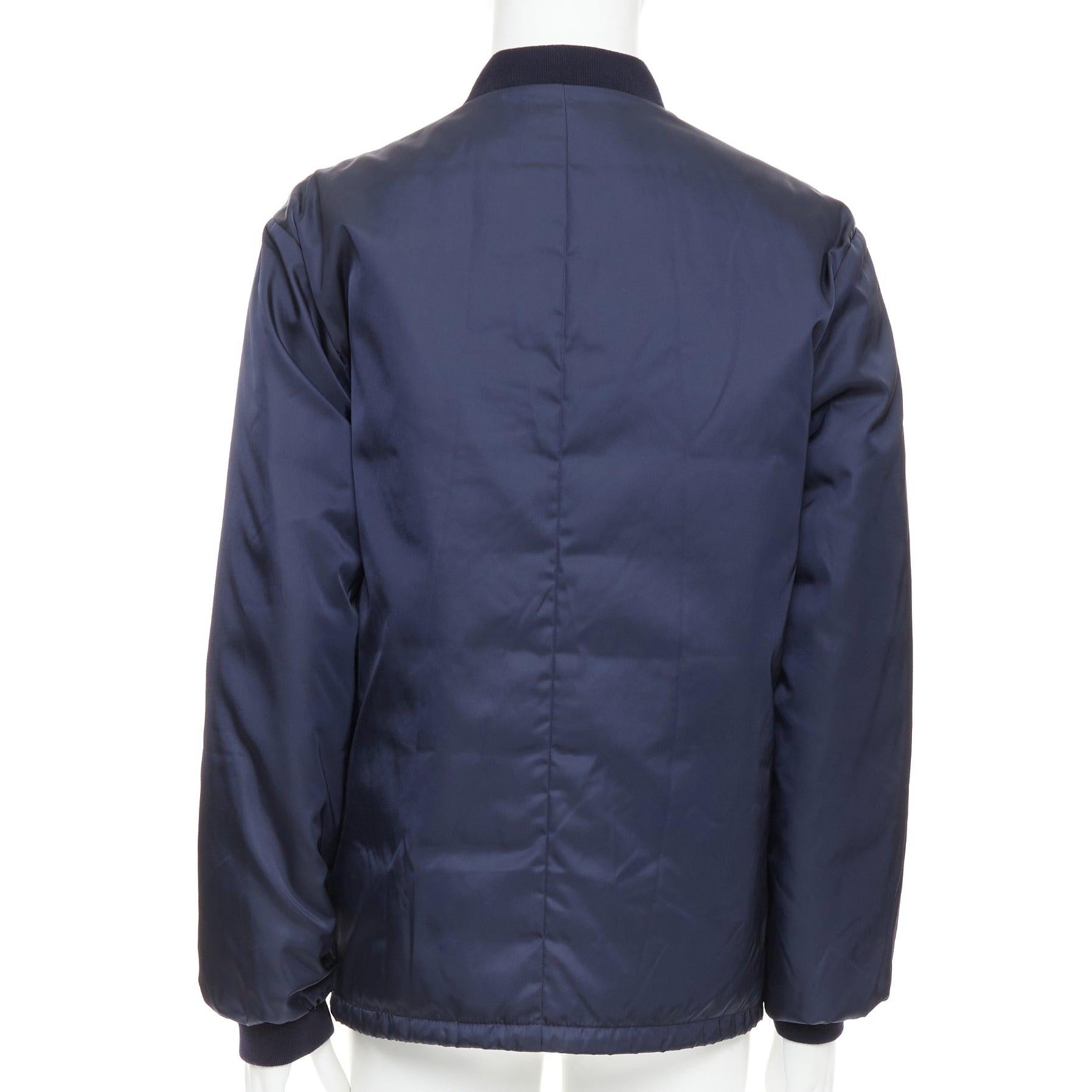 PRADA 2016 navy nylon zip pockets padded down oversized bomber jacket IT52 XL en vente 1