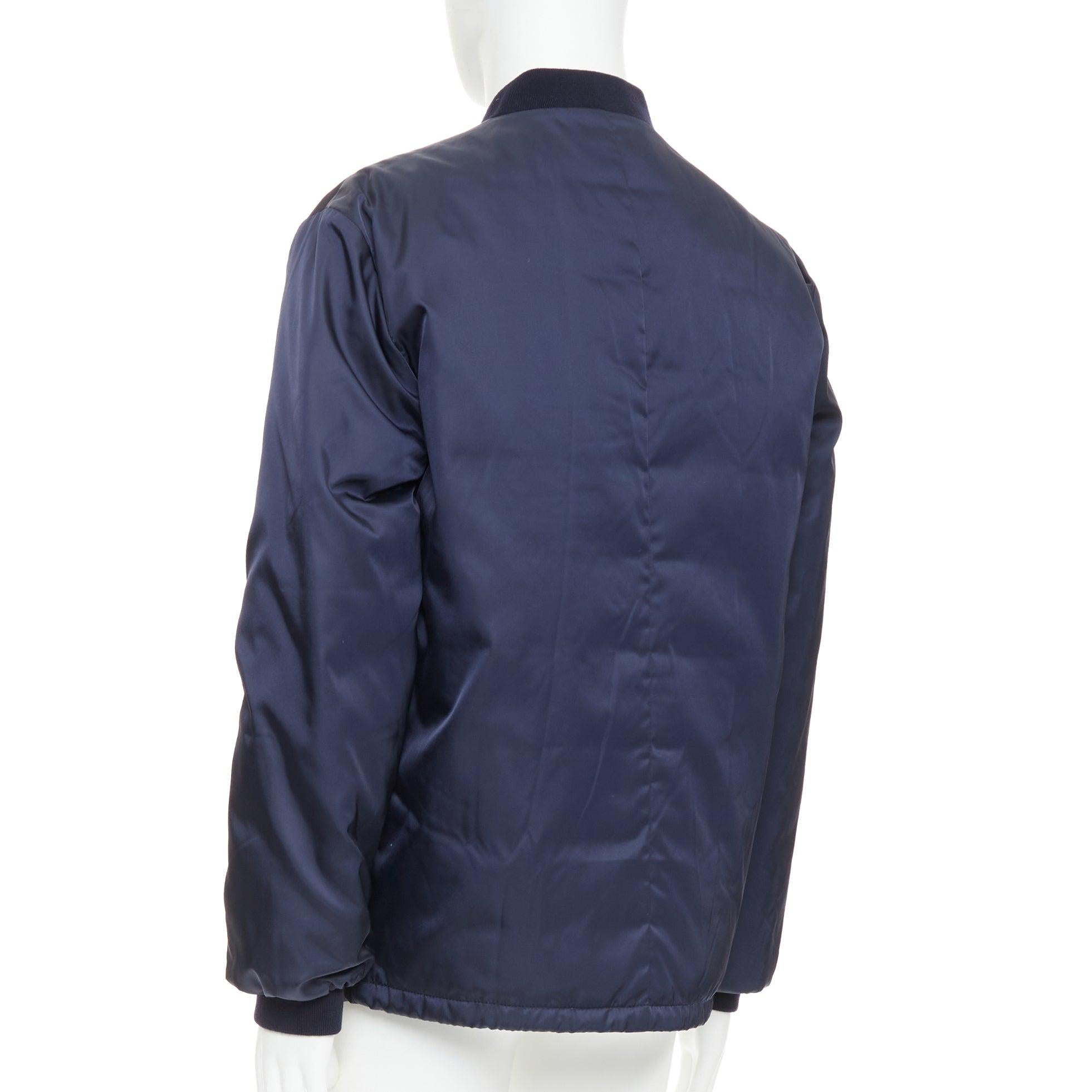 PRADA 2016 navy nylon zip pockets padded down oversized bomber jacket IT52 XL en vente 2