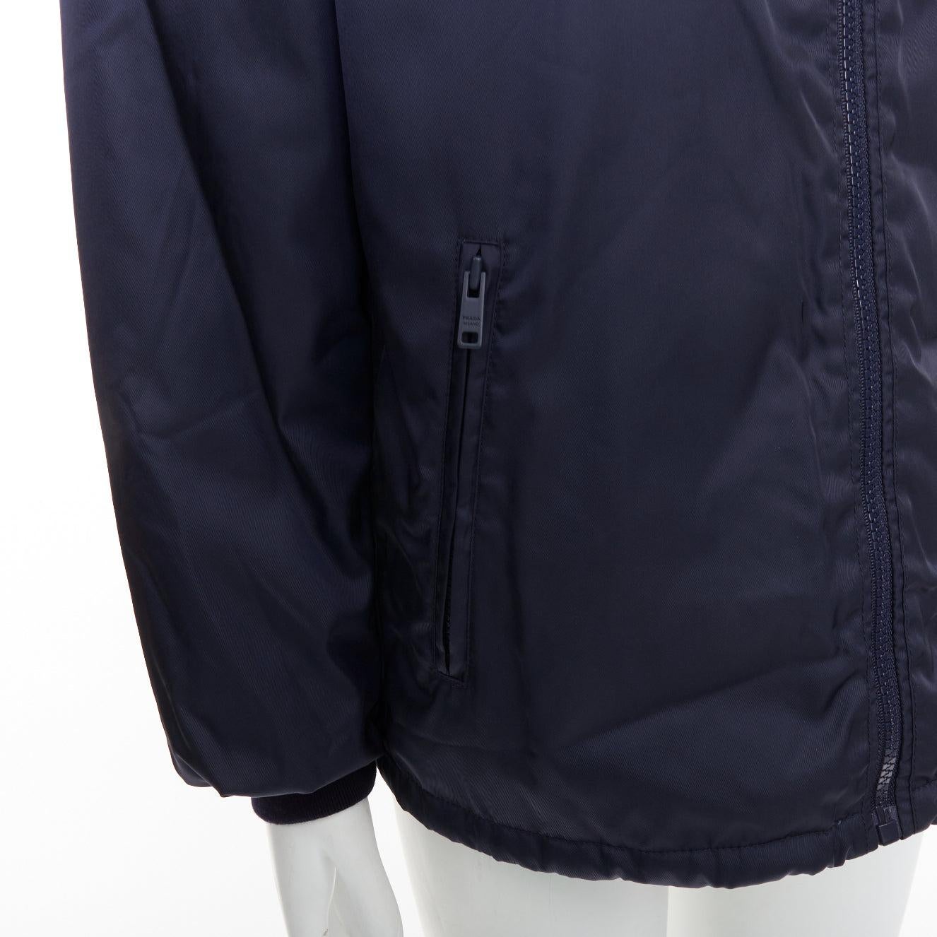 PRADA 2016 navy nylon zip pockets padded down oversized bomber jacket IT52 XL en vente 3