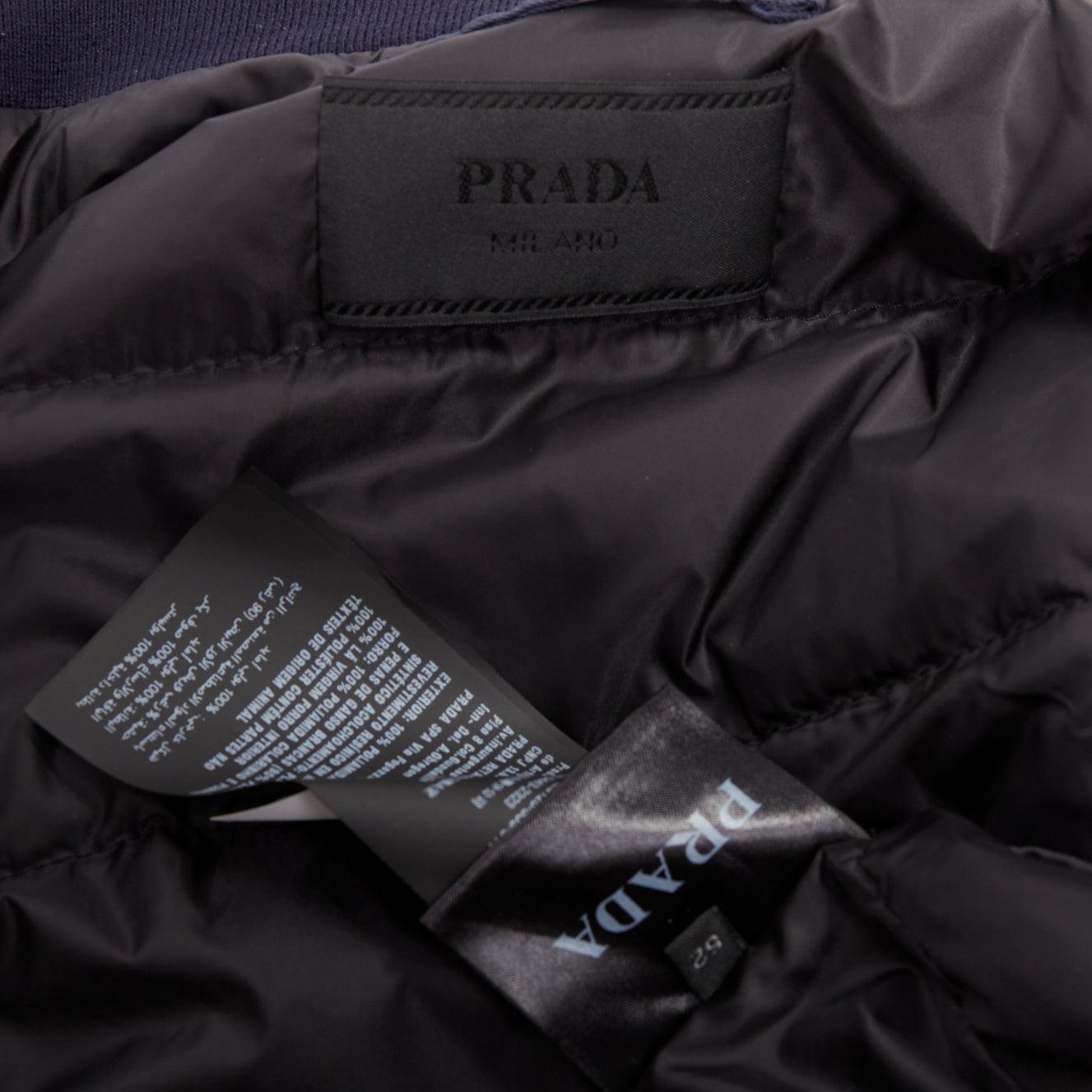 PRADA 2016 navy nylon zip pockets padded down oversized bomber jacket IT52 XL en vente 4