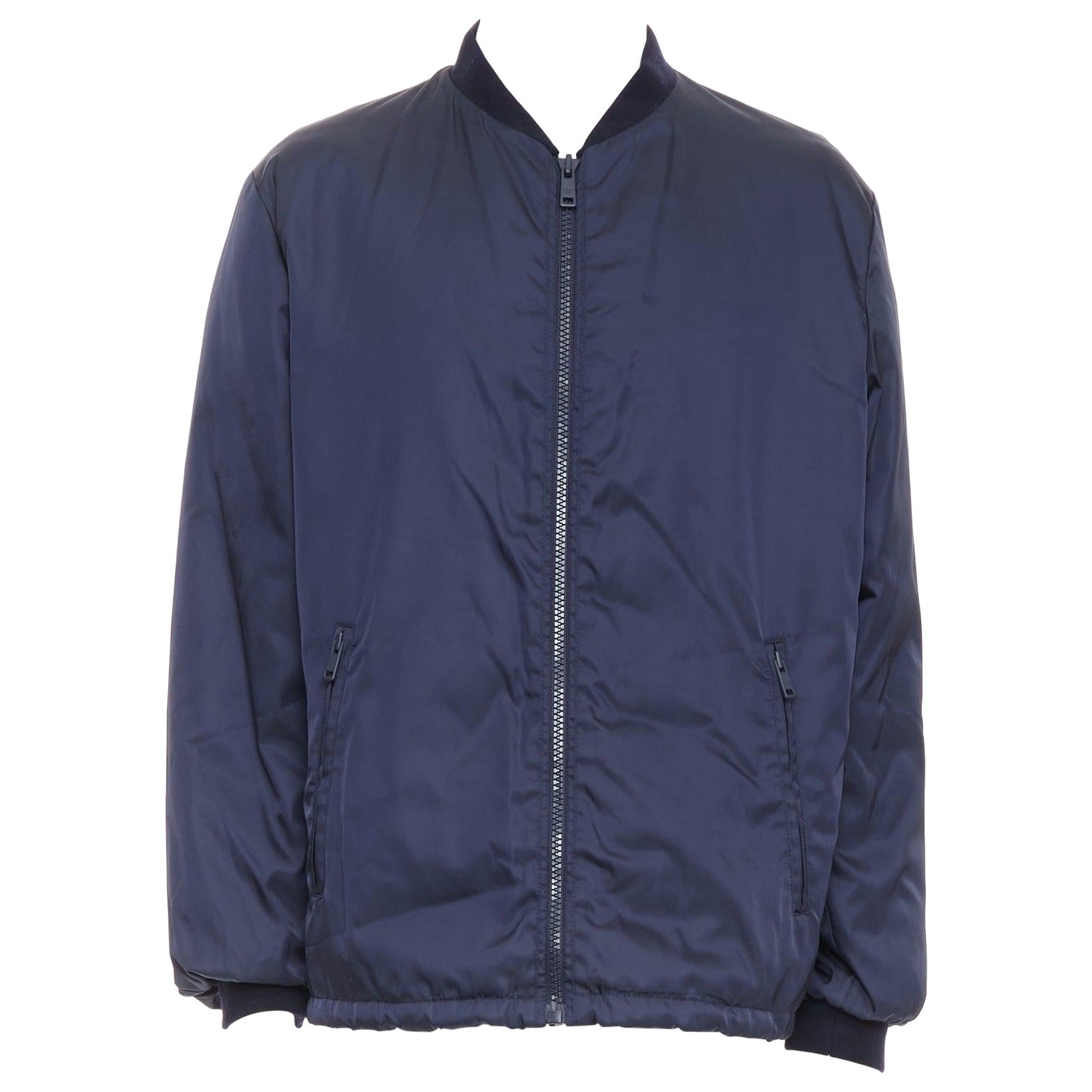 PRADA 2016 navy nylon zip pockets padded down oversized bomber jacket IT52 XL