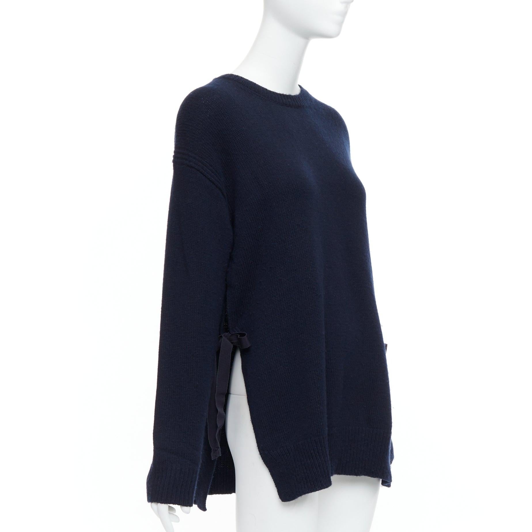 Black PRADA 2016 navy wool cashmere ribbon tie side crew neck sweater IT42 M For Sale