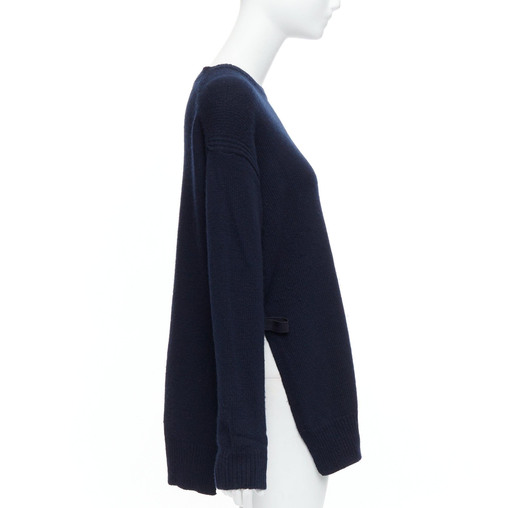 PRADA 2016 navy wool cashmere ribbon tie side crew neck sweater IT42 M In Fair Condition For Sale In Hong Kong, NT