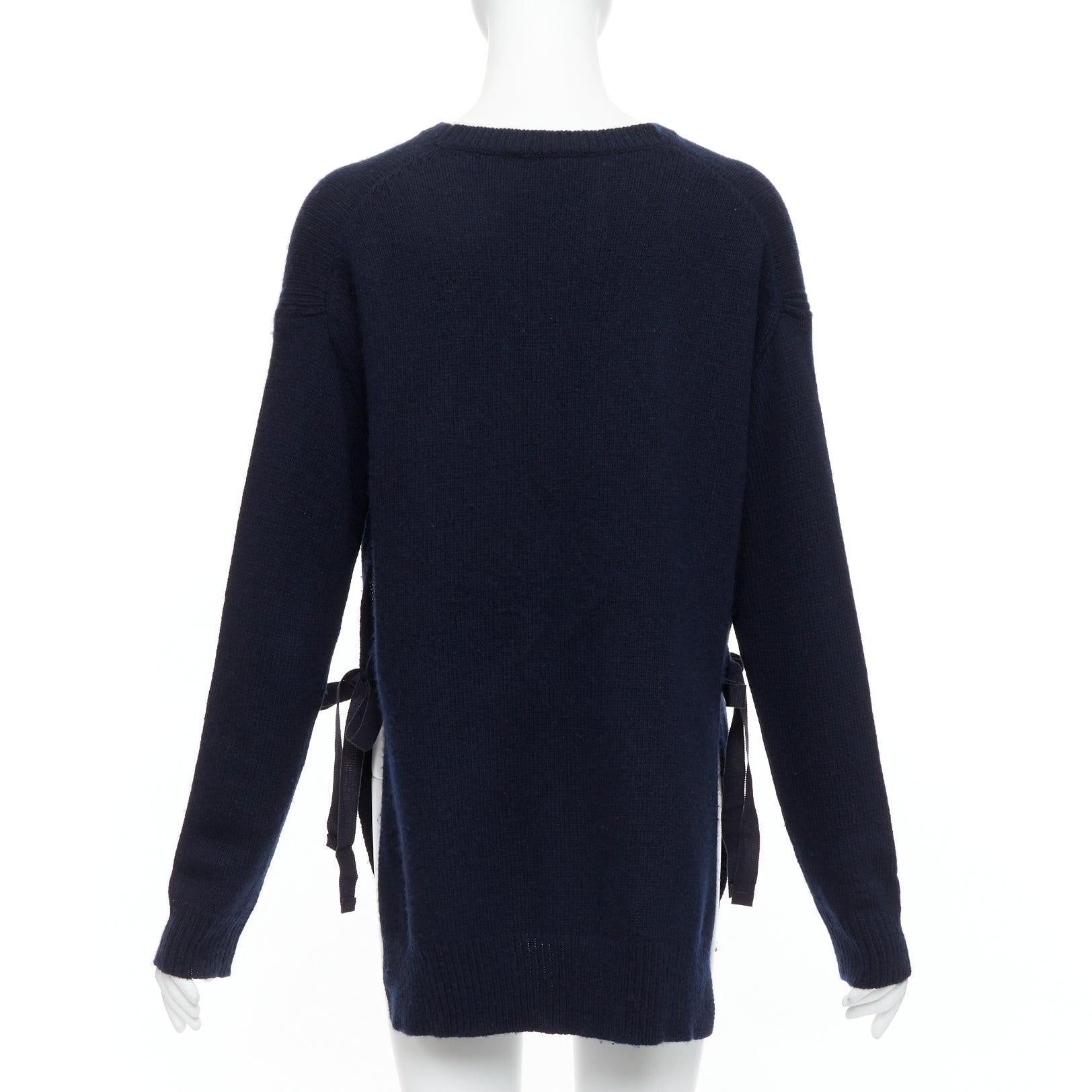 Women's PRADA 2016 navy wool cashmere ribbon tie side crew neck sweater IT42 M For Sale