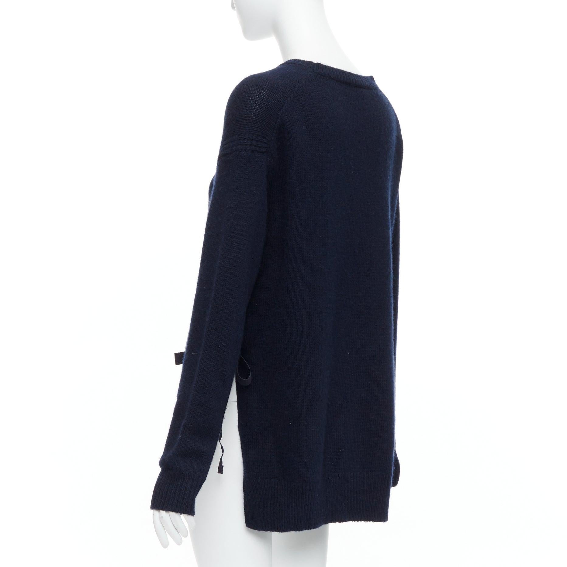 PRADA 2016 navy wool cashmere ribbon tie side crew neck sweater IT42 M For Sale 1