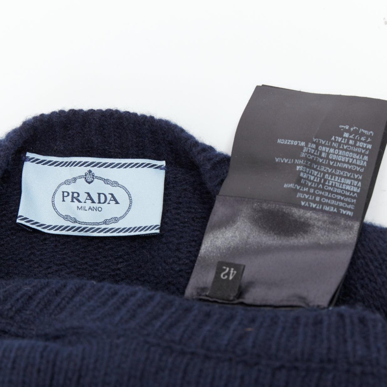 PRADA 2016 navy wool cashmere ribbon tie side crew neck sweater IT42 M For Sale 3