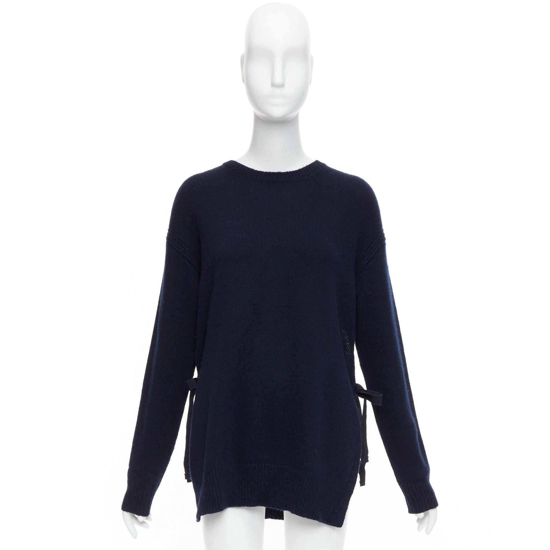 PRADA 2016 navy wool cashmere ribbon tie side crew neck sweater IT42 M For Sale 4