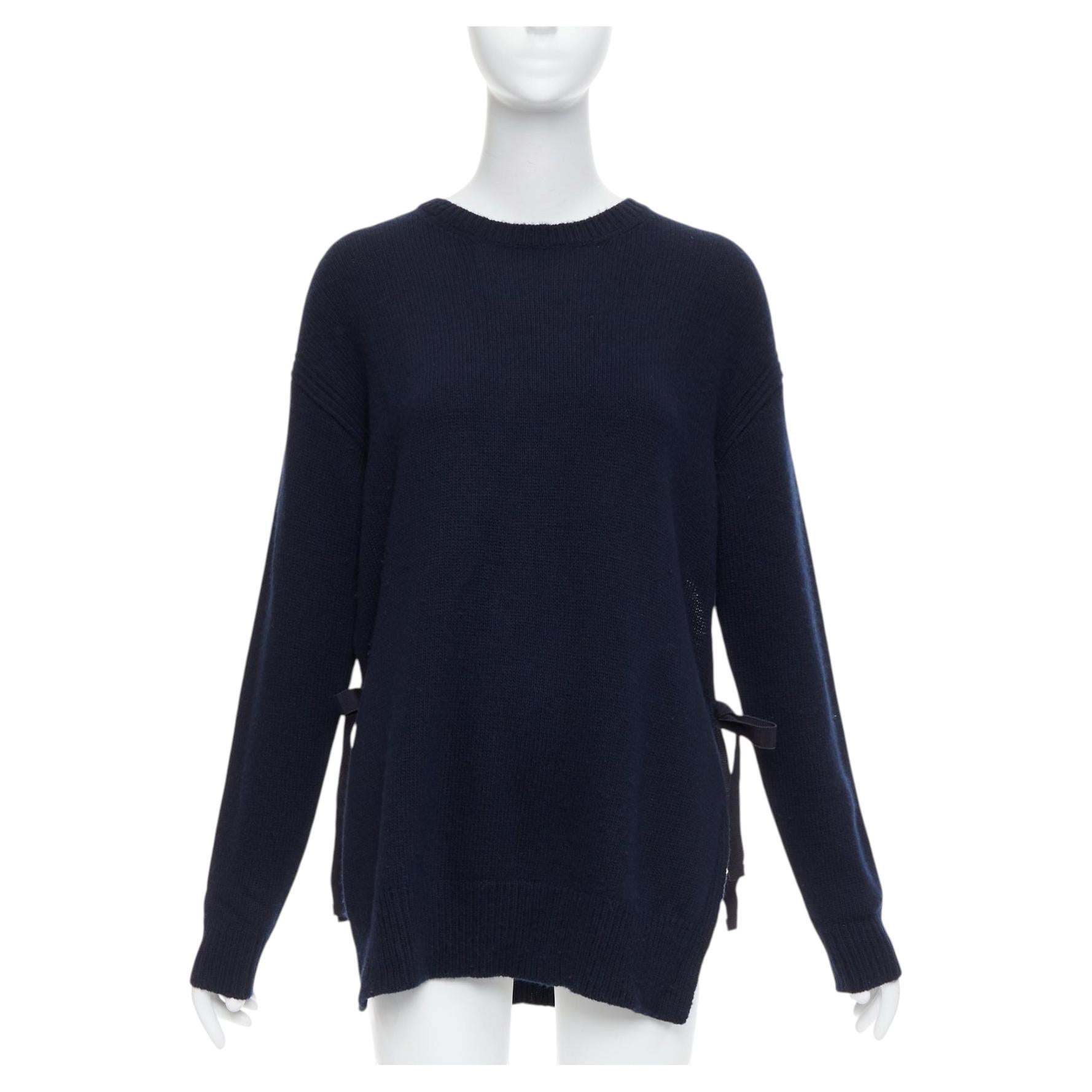 PRADA 2016 navy wool cashmere ribbon tie side crew neck sweater IT42 M