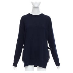 PRADA 2016 navy wool cashmere ribbon tie side crew neck sweater IT42 M