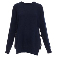 PRADA 2016 navy wool cashmere ribbon tie side crew neck sweater IT42 M