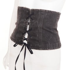 Prada 2016 Défilé : bustier en denim délavé gris, fermeture éclair dans le dos et laçage, ceinture, taille 36, XXS