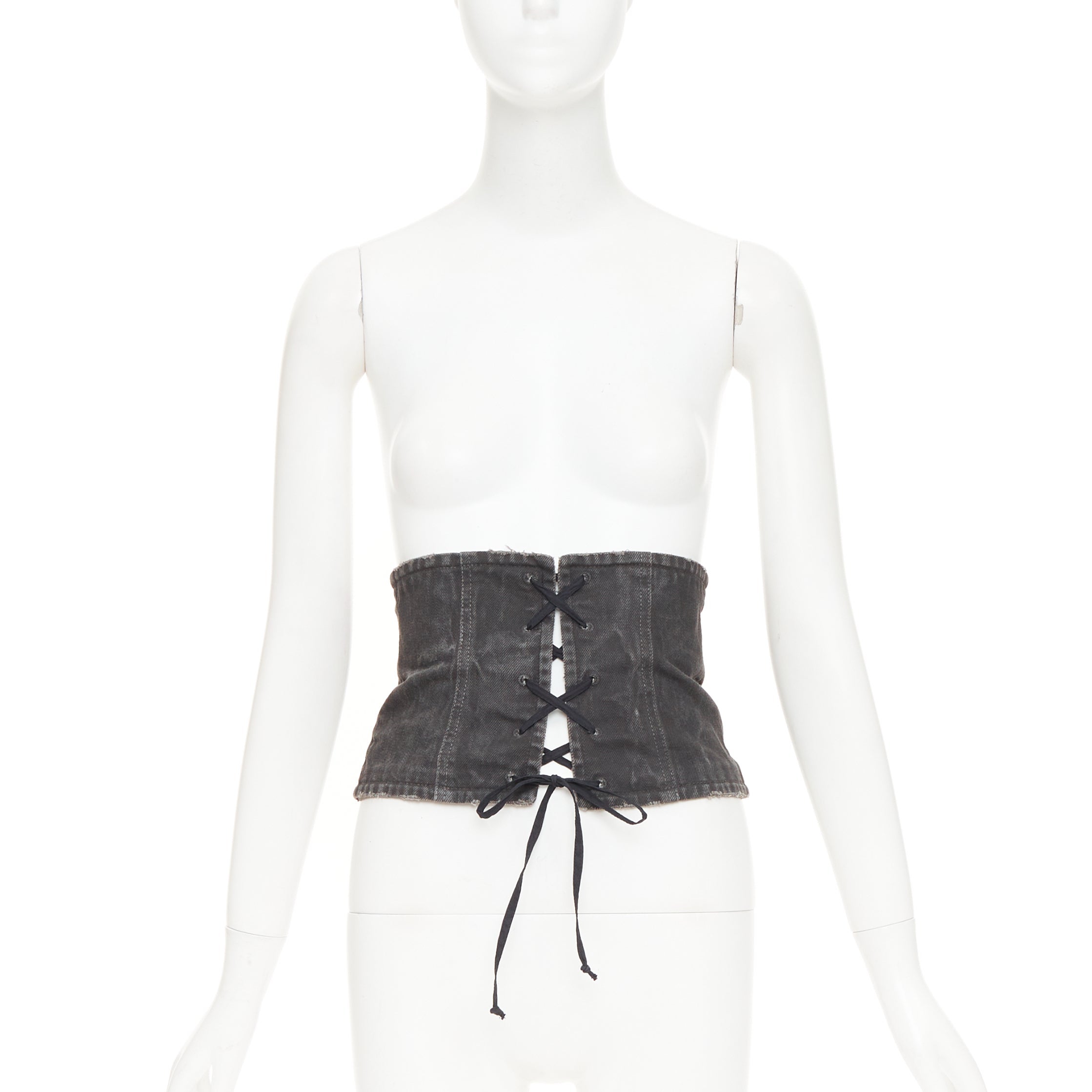 PRADA 2016 Runway grey washed denim zip back lace-up bustier belt IT36 XXS For Sale