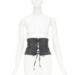 Prada 2016 Défilé : bustier en denim délavé gris, fermeture éclair dans le dos et laçage, ceinture, taille 36, XXS