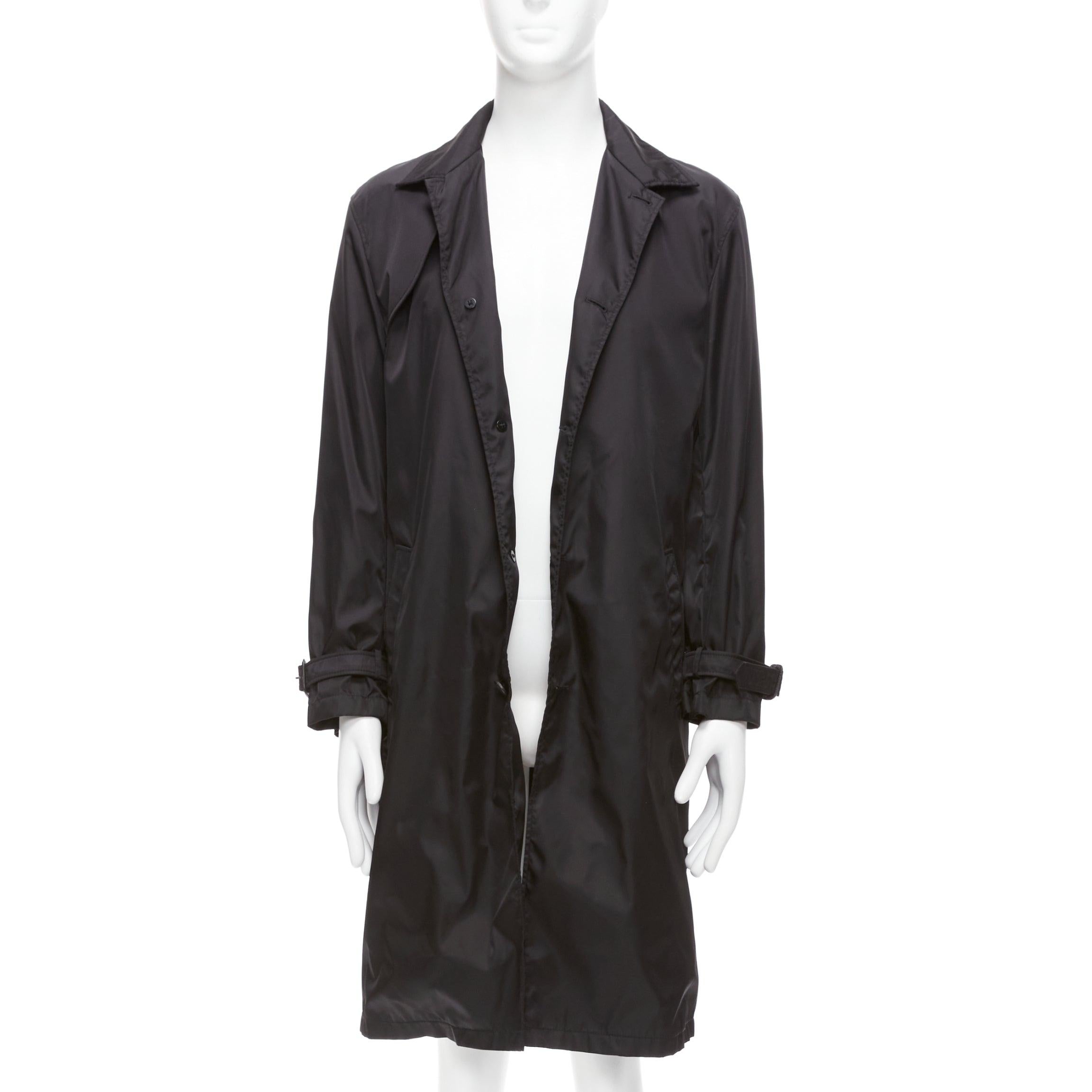 PRADA 2017 black gabardine nylon silver D ring buckle belt trench coat IT52 XL In Good Condition For Sale In Hong Kong, NT