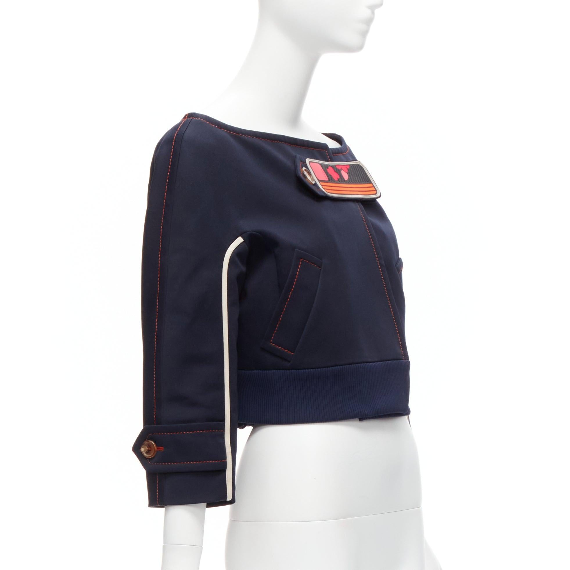 Black PRADA 2017 orange pink logo rubber patch navy bateau cropped jacket IT40 S