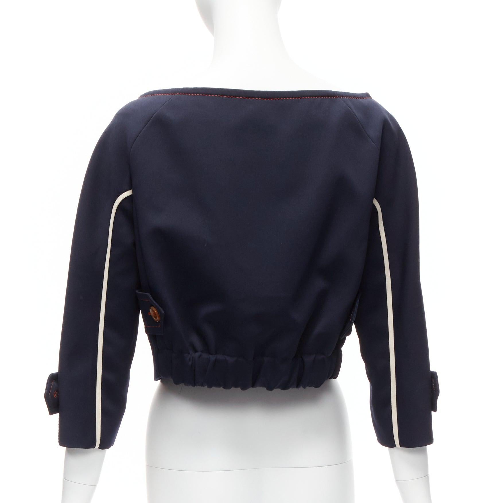 Women's PRADA 2017 orange pink logo rubber patch navy bateau cropped jacket IT40 S