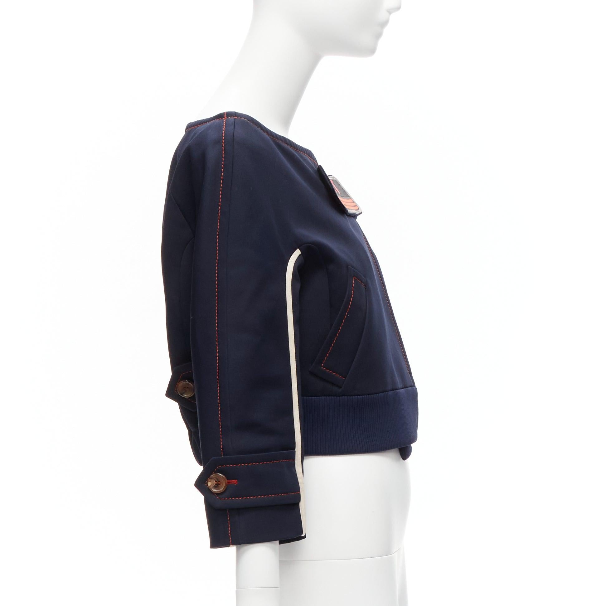 PRADA 2017 orange pink logo rubber patch navy cream piping bateau cropped jacket In Good Condition For Sale In Hong Kong, NT