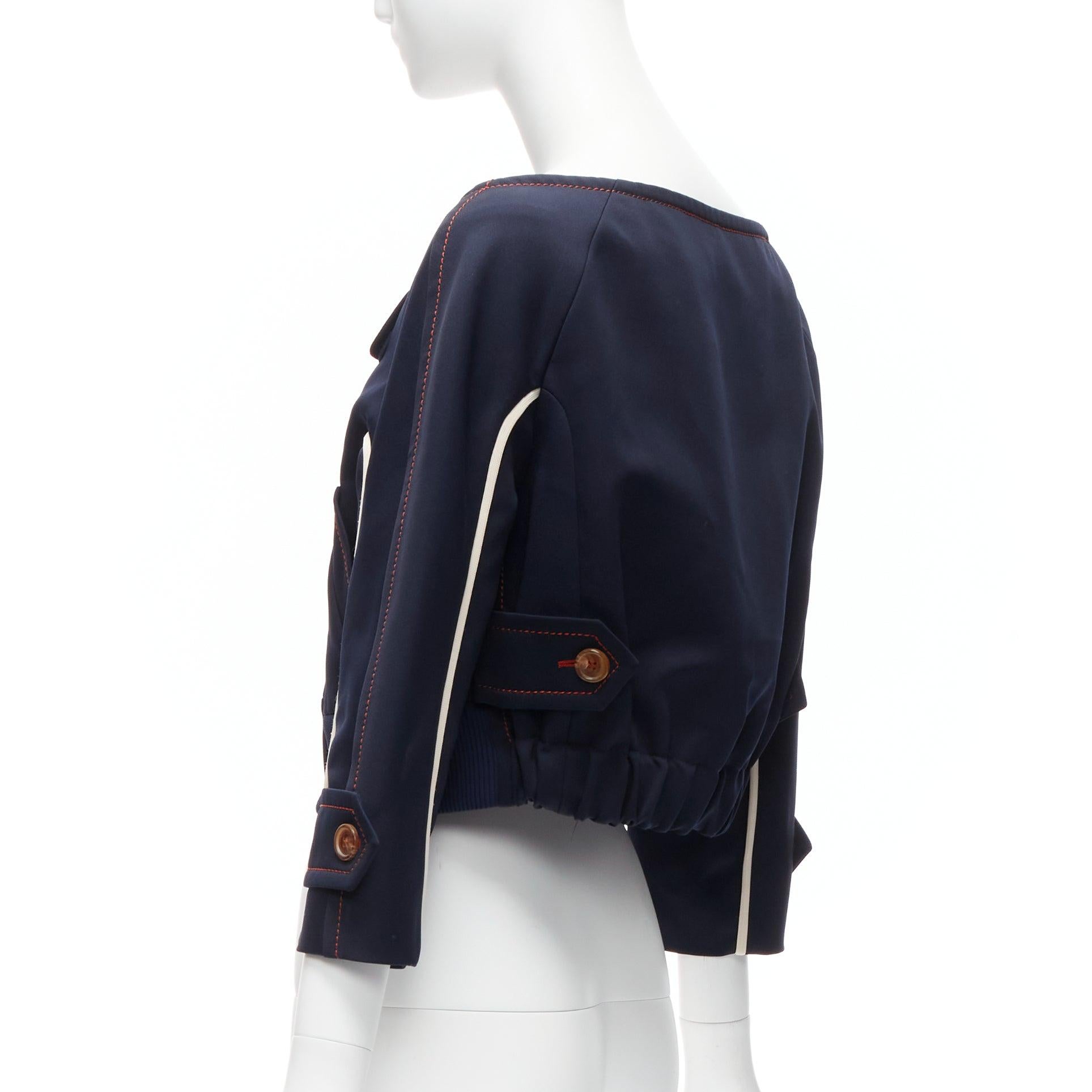 PRADA 2017 orange pink logo rubber patch navy cream piping bateau cropped jacket For Sale 1
