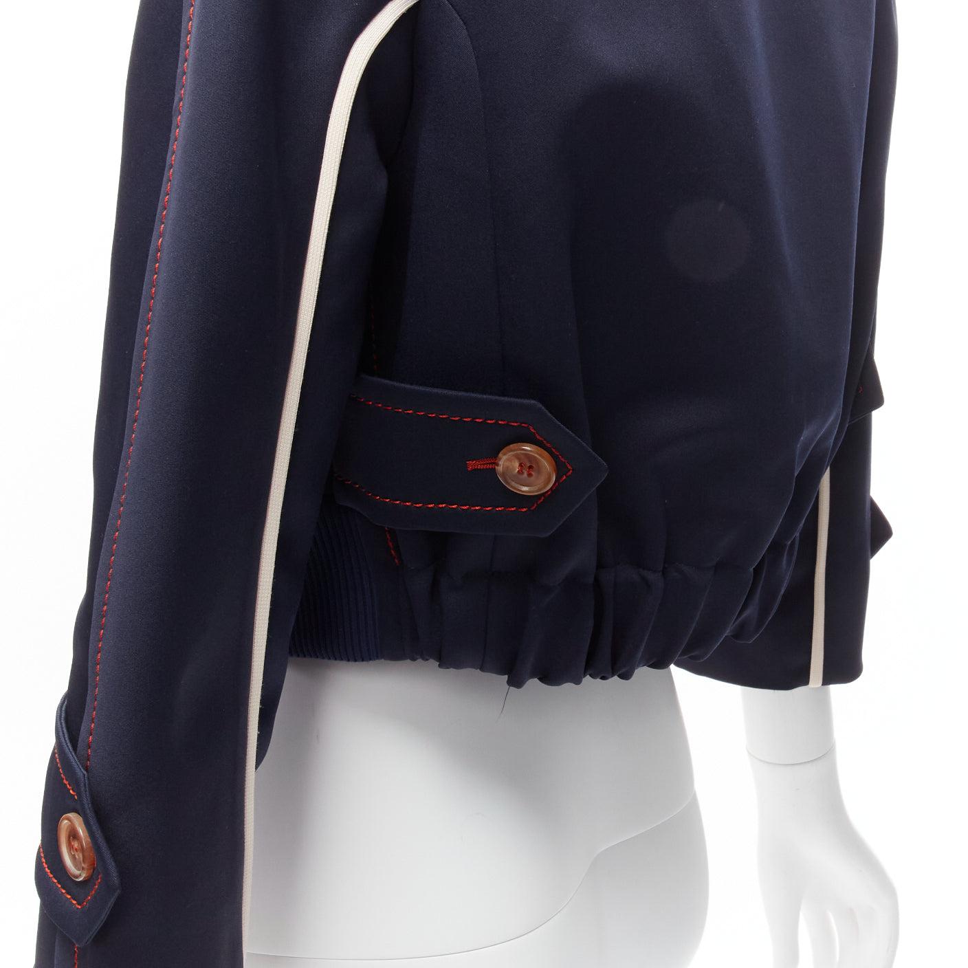 PRADA 2017 orange pink logo rubber patch navy cream piping bateau cropped jacket For Sale 2