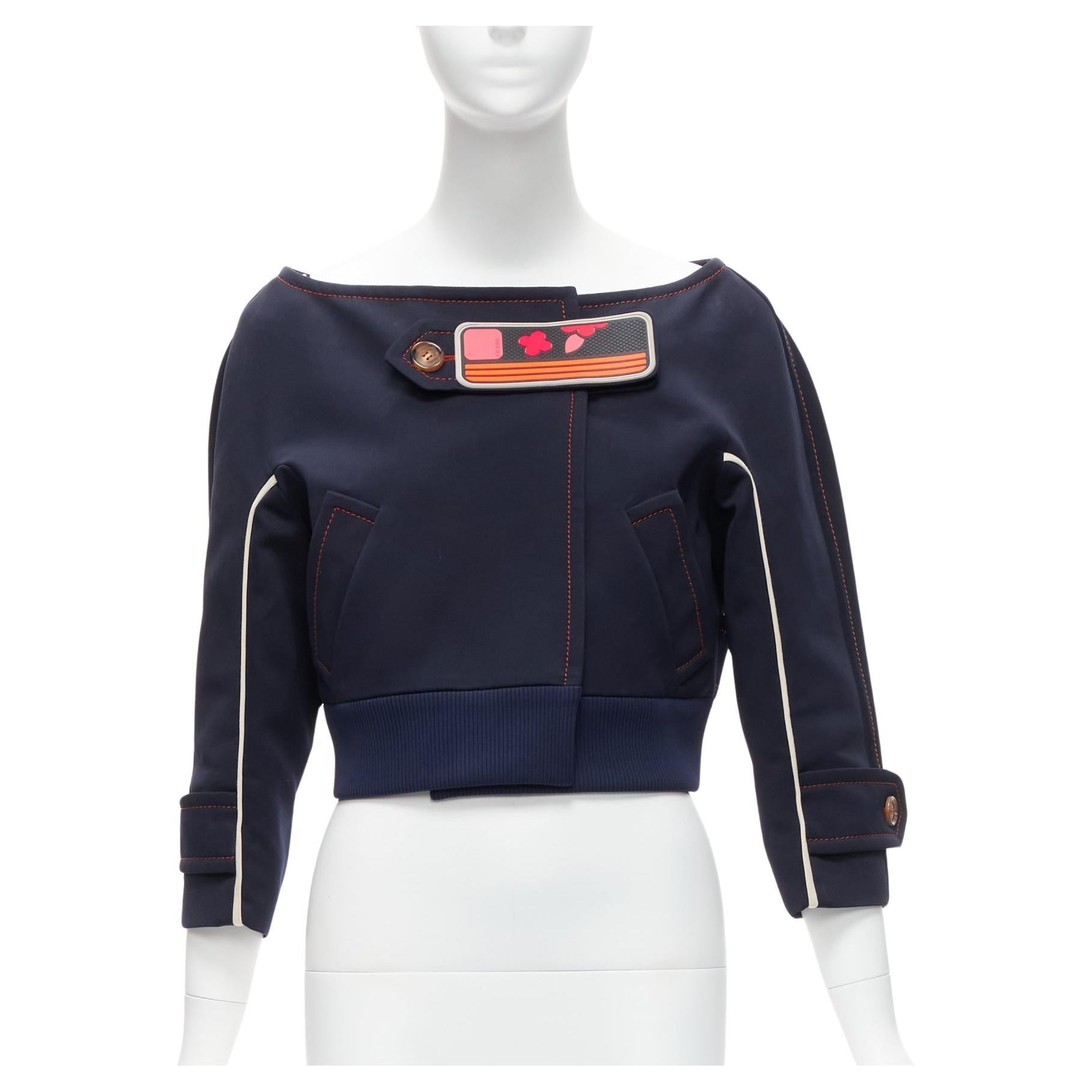 PRADA 2017 orange pink logo rubber patch navy cream piping bateau cropped jacket For Sale