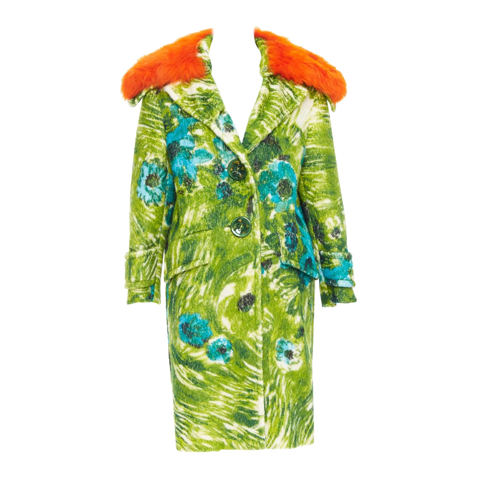 PRADA 2017 Cappotto in feltro di lana d
alpaca floreale arancione con collo in pelliccia di pecora IT40 S