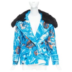 PRADA 2017 Runway blue alpaca wool abstract floral fur collar pea coat IT36 XS