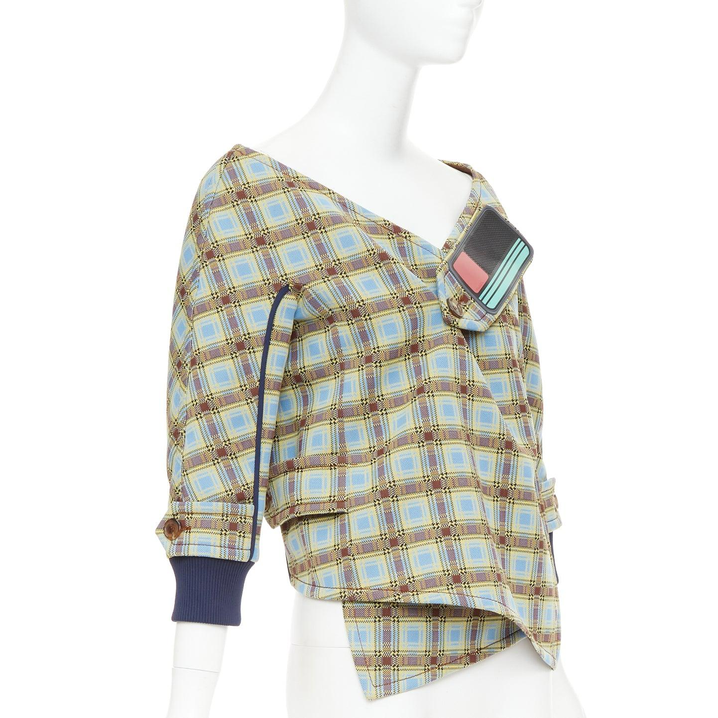 Grigio PRADA 2017 Runway blue green check patch drape collar jacket IT38 XS in vendita