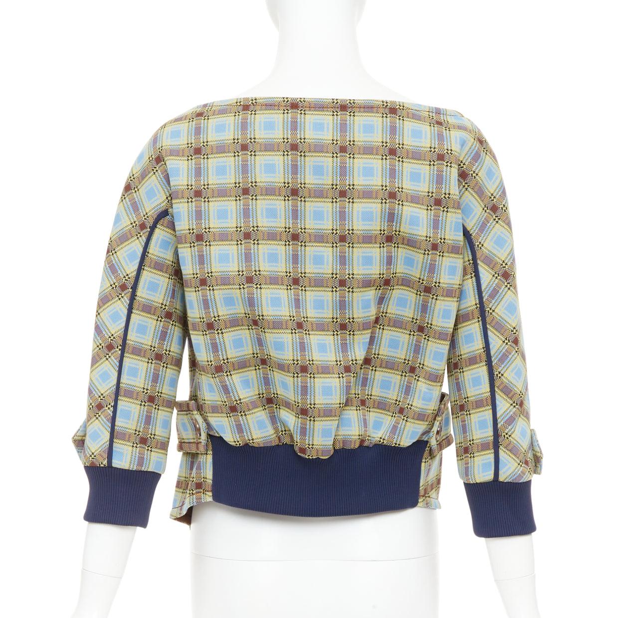 Donna PRADA 2017 Runway blue green check patch drape collar jacket IT38 XS in vendita