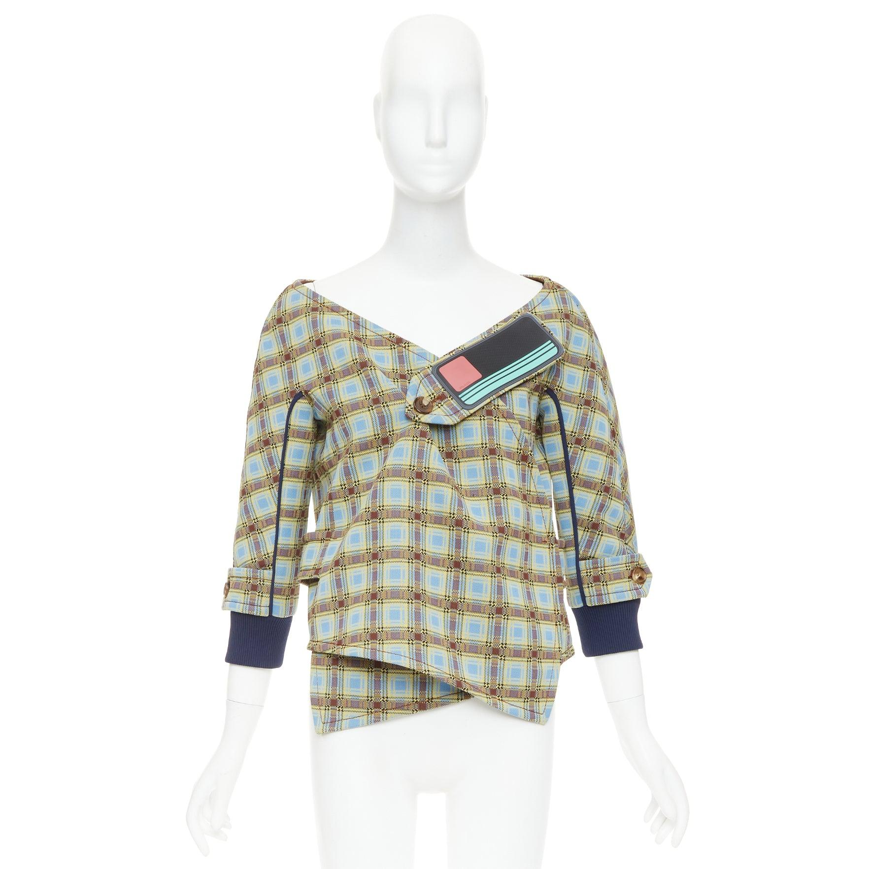 PRADA 2017 Runway blue green check patch drape collar jacket IT38 XS in vendita 4