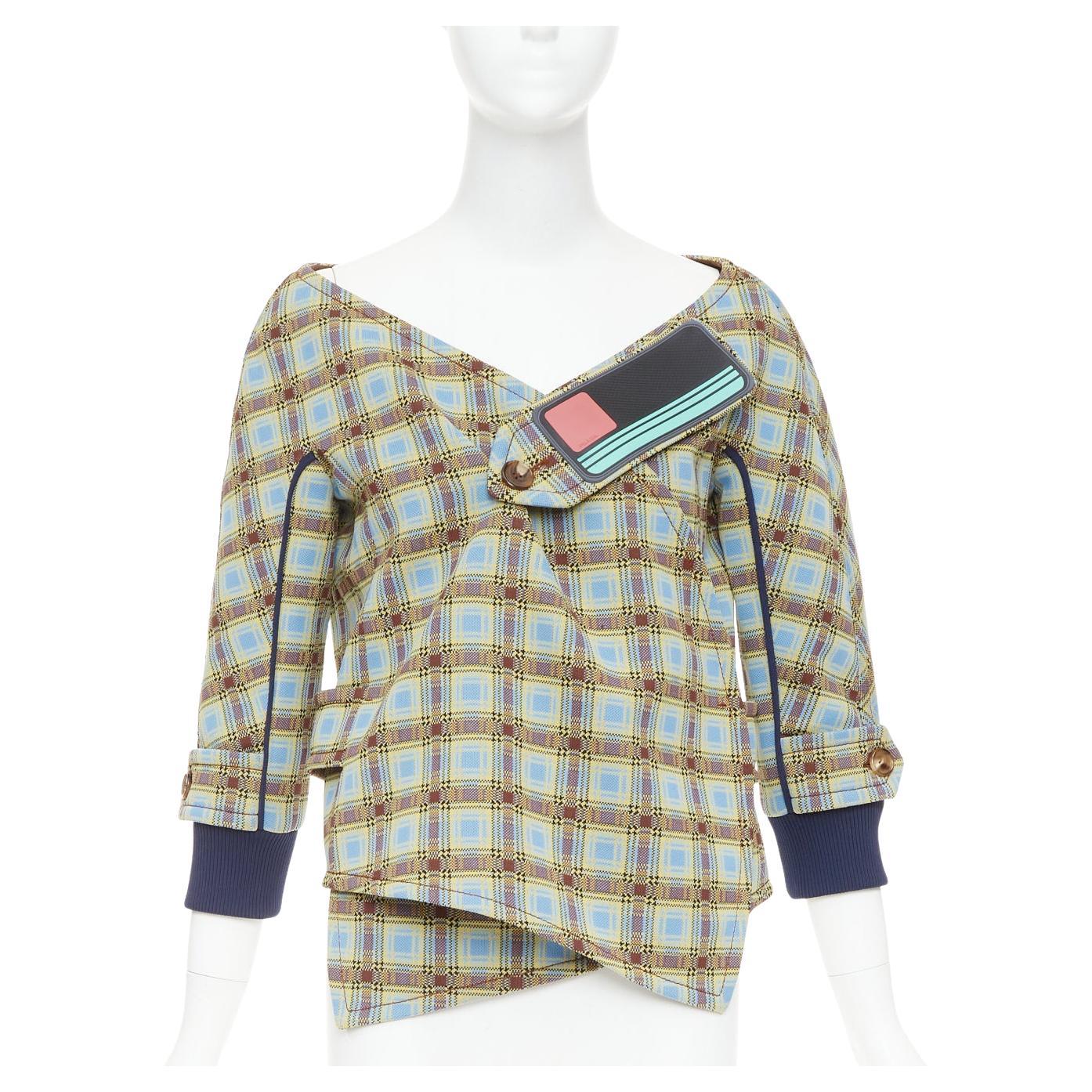 PRADA 2017 Runway blue green check patch drape collar jacket IT38 XS