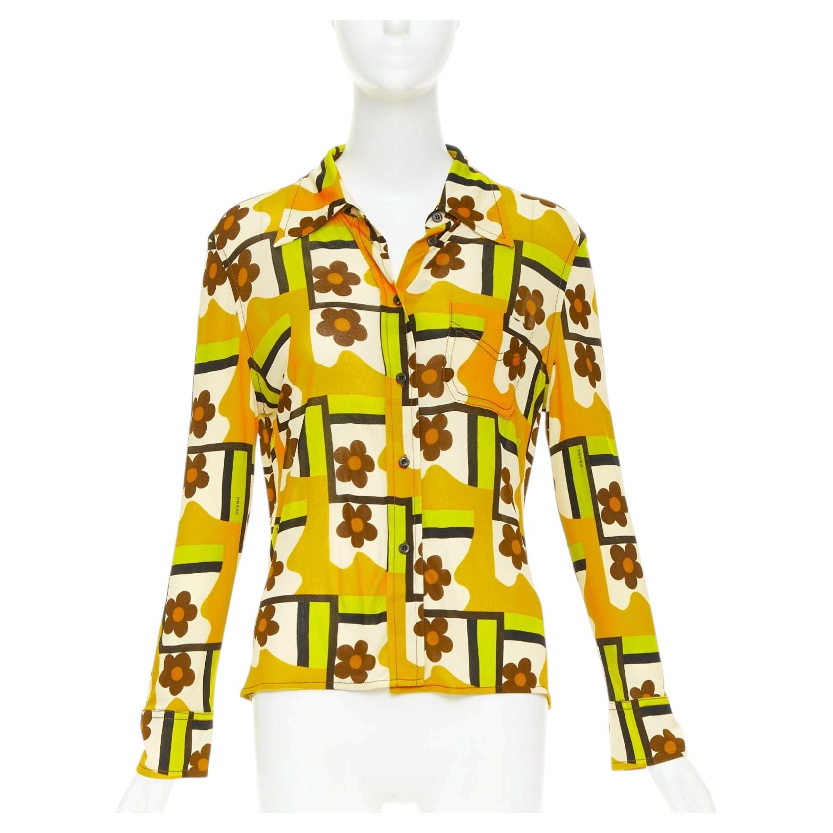 PRADA 2017 Pasarela verde naranja Mod gráfico estampado floral viscosa camisa IT40 S